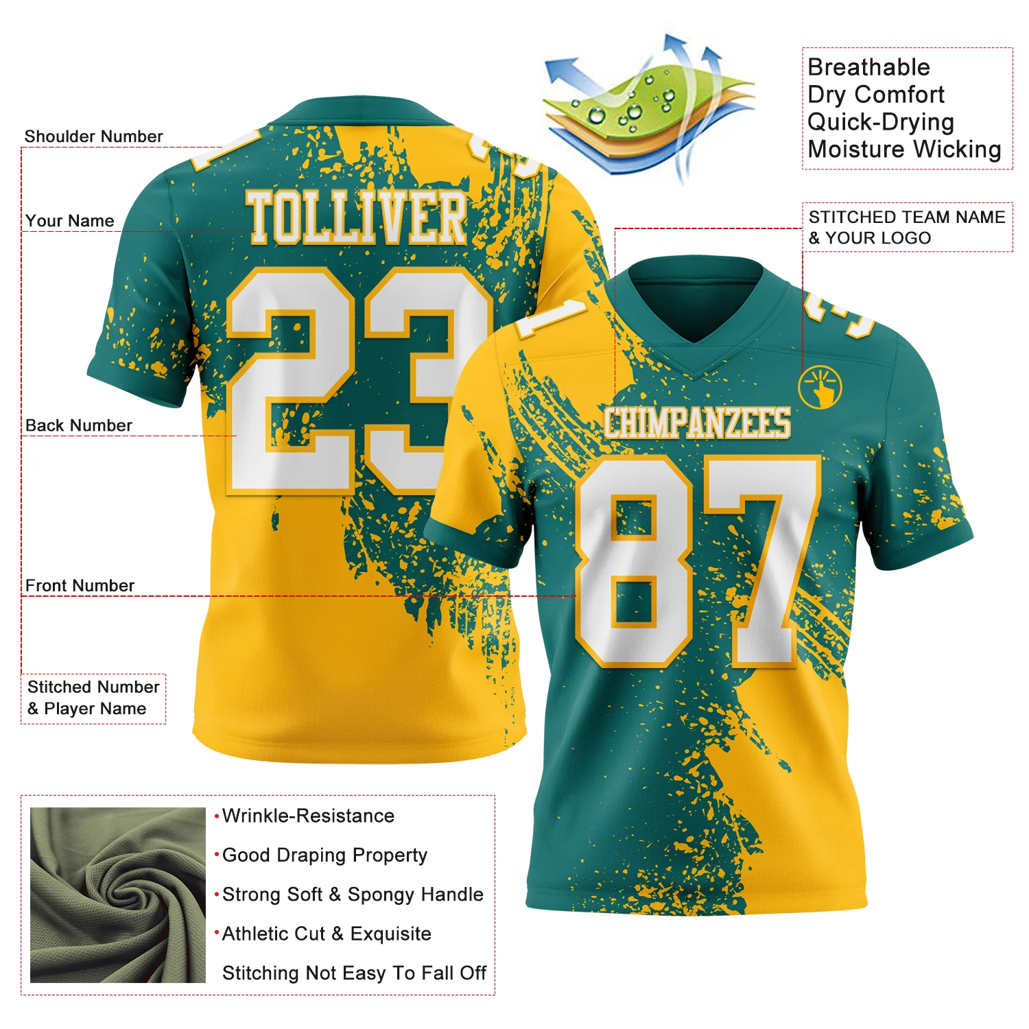 Custom Teal White-Gold 3D Pattern Abstract Brush Stroke Authentic Football Jersey - Image 2