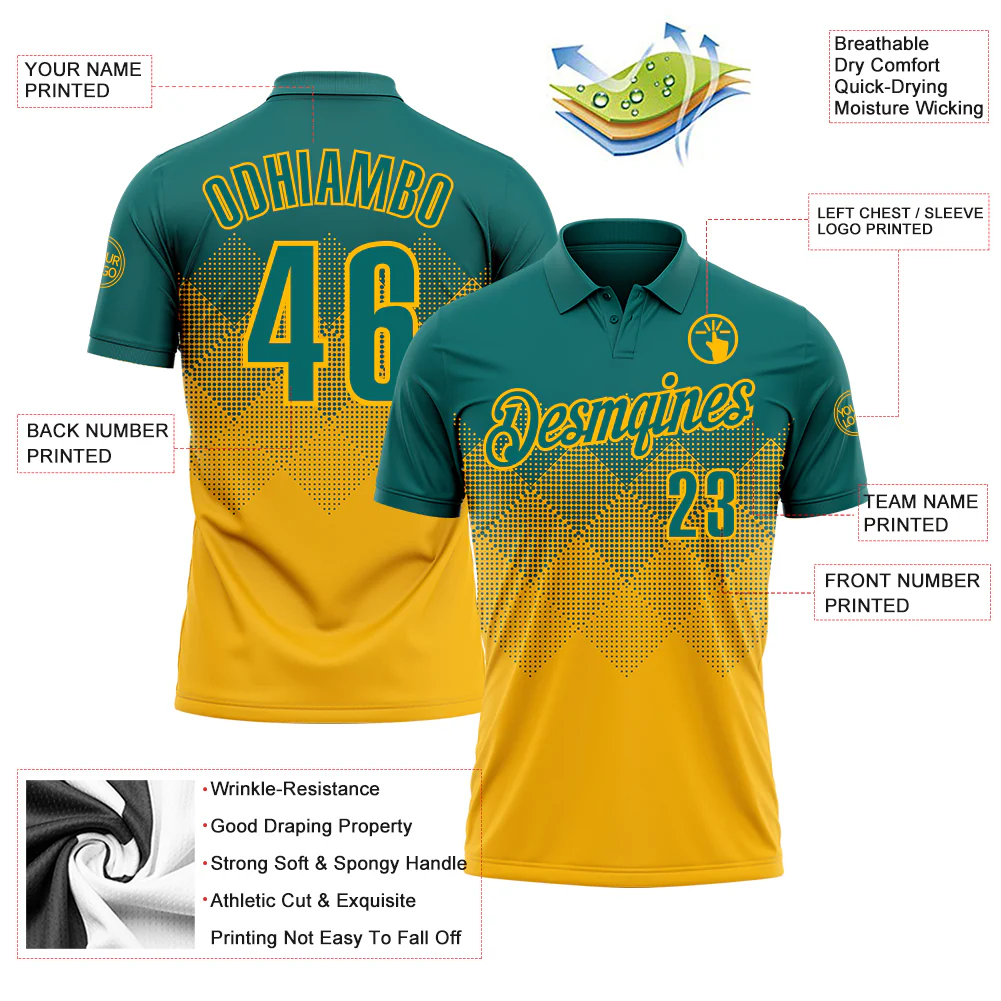 Custom Teal Gold 3D Gradient Square Shape Performance Polo Shirt - Image 3