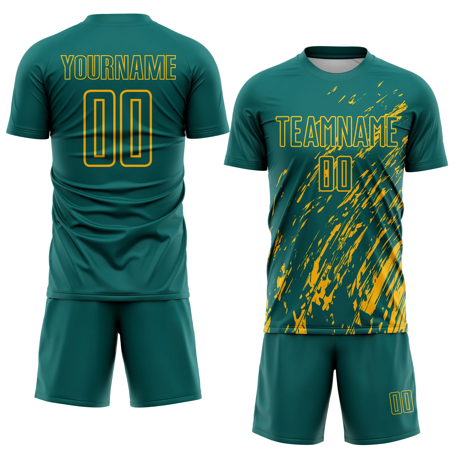 Custom Teal Gold Splash Sublimation Soccer Uniform Jersey - Image 2
