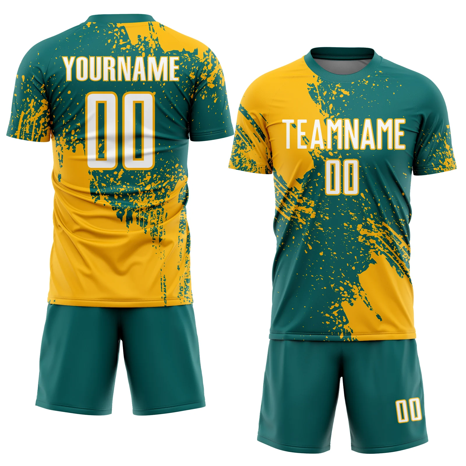 Custom Teal White-Gold Abstract Brush Stroke Sports Sublimation Soccer Uniform Jersey - Image 2
