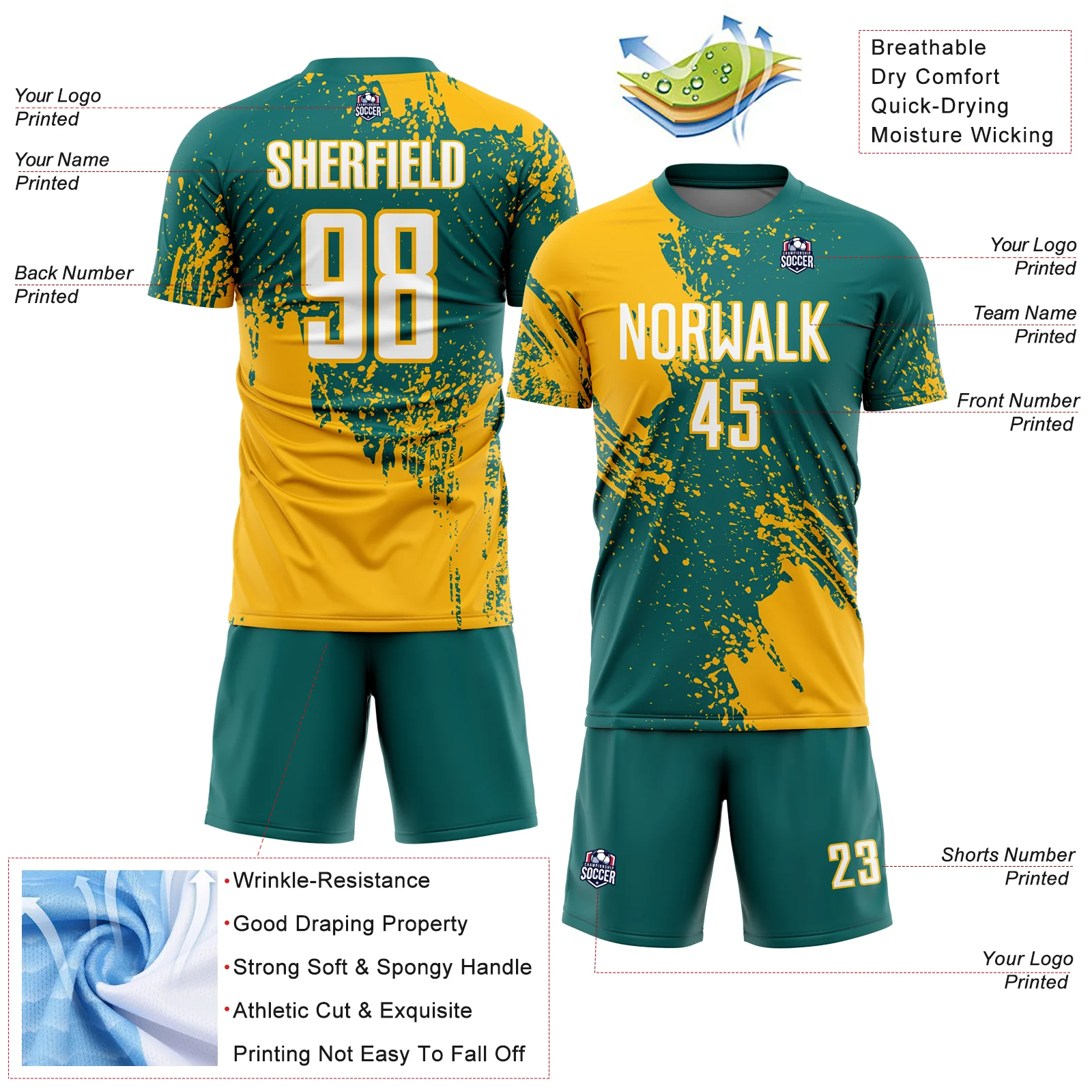 Custom Teal White-Gold Abstract Brush Stroke Sports Sublimation Soccer Uniform Jersey - Image 4