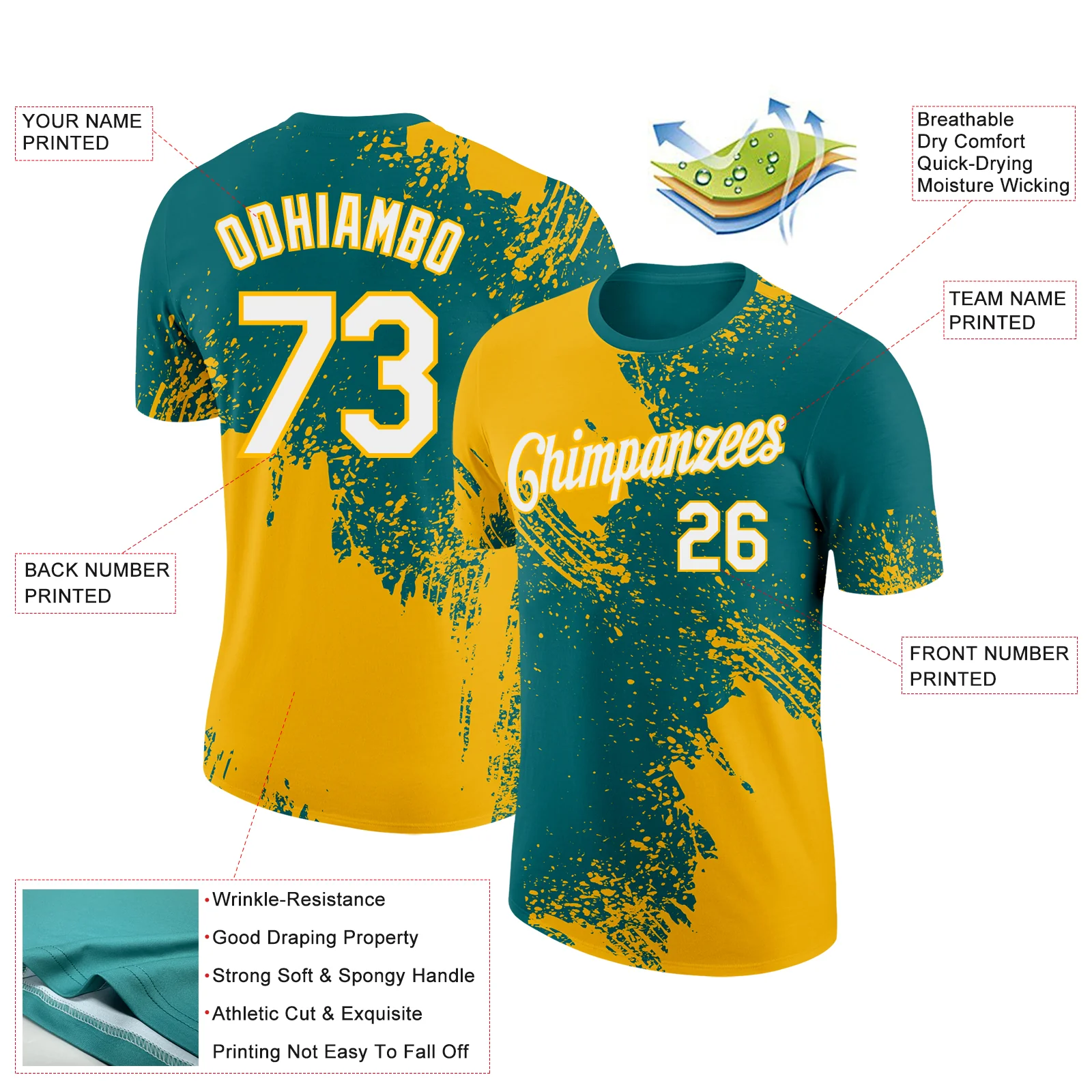 Custom Teal White-Gold 3D Pattern Design Abstract Brush Stroke Performance T-Shirt - Image 2