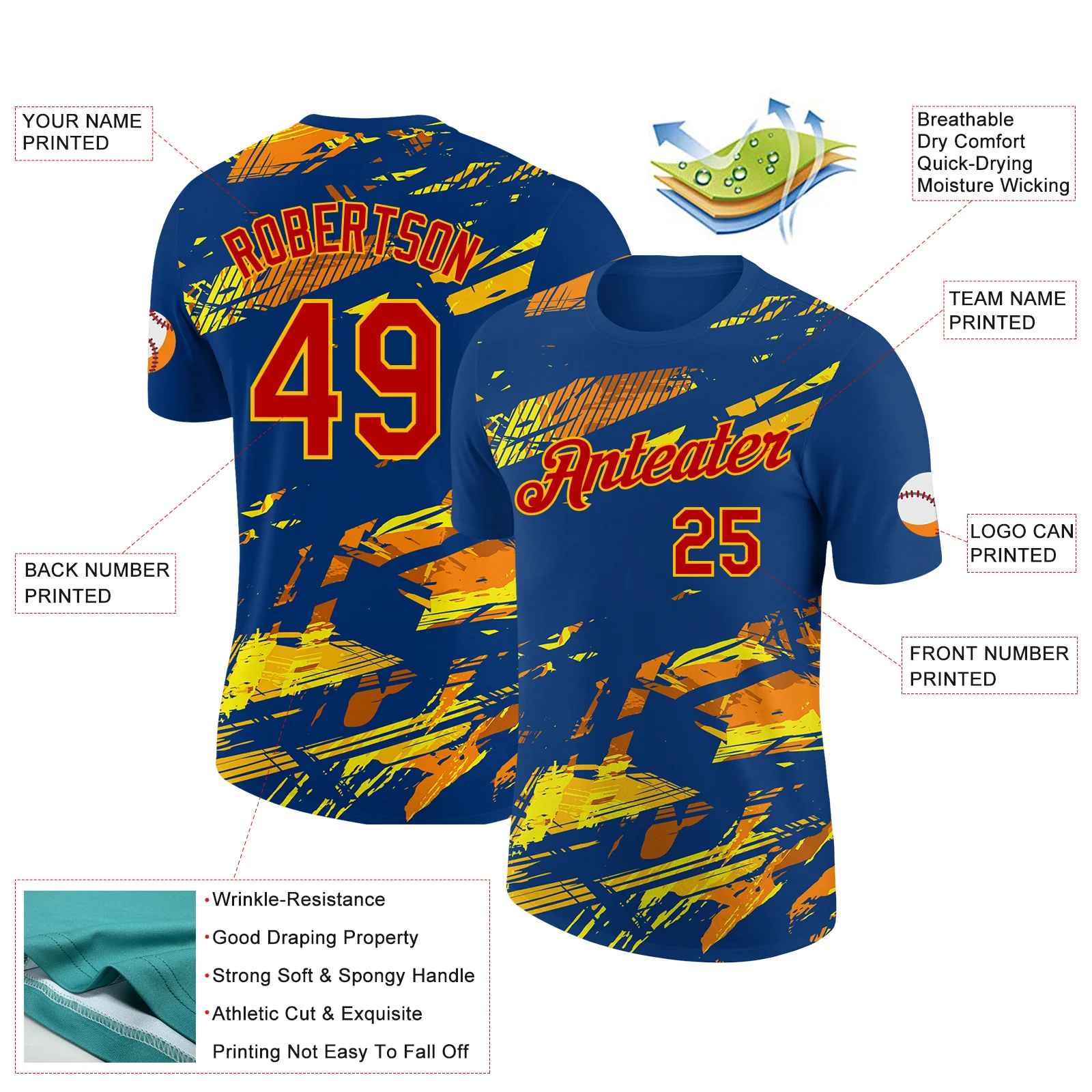 Custom US Navy Blue Red Gold-Orange 3D Esports Performance T-Shirt - Image 2