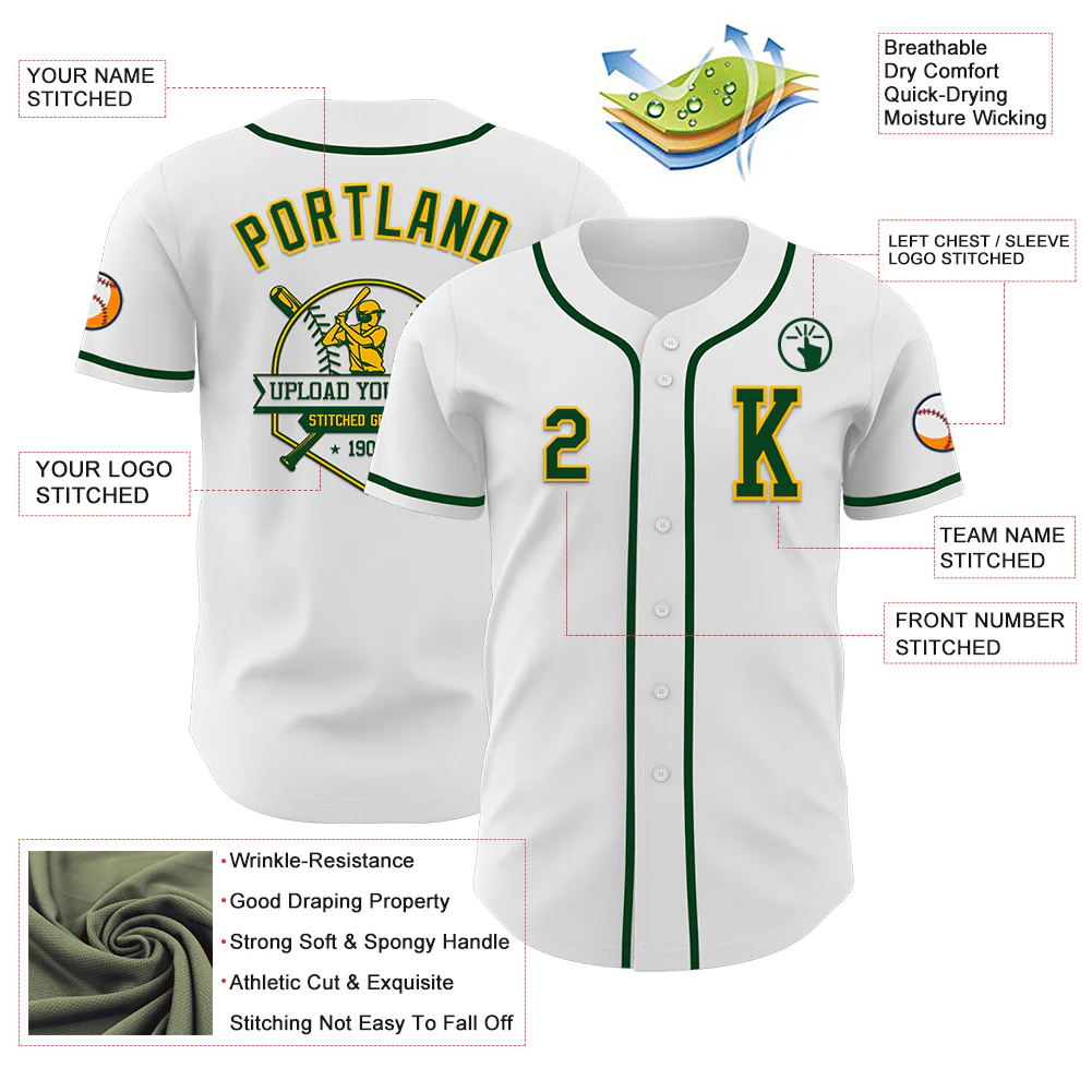 Custom White Green-Gold Authentic Baseball Jersey - Image 6