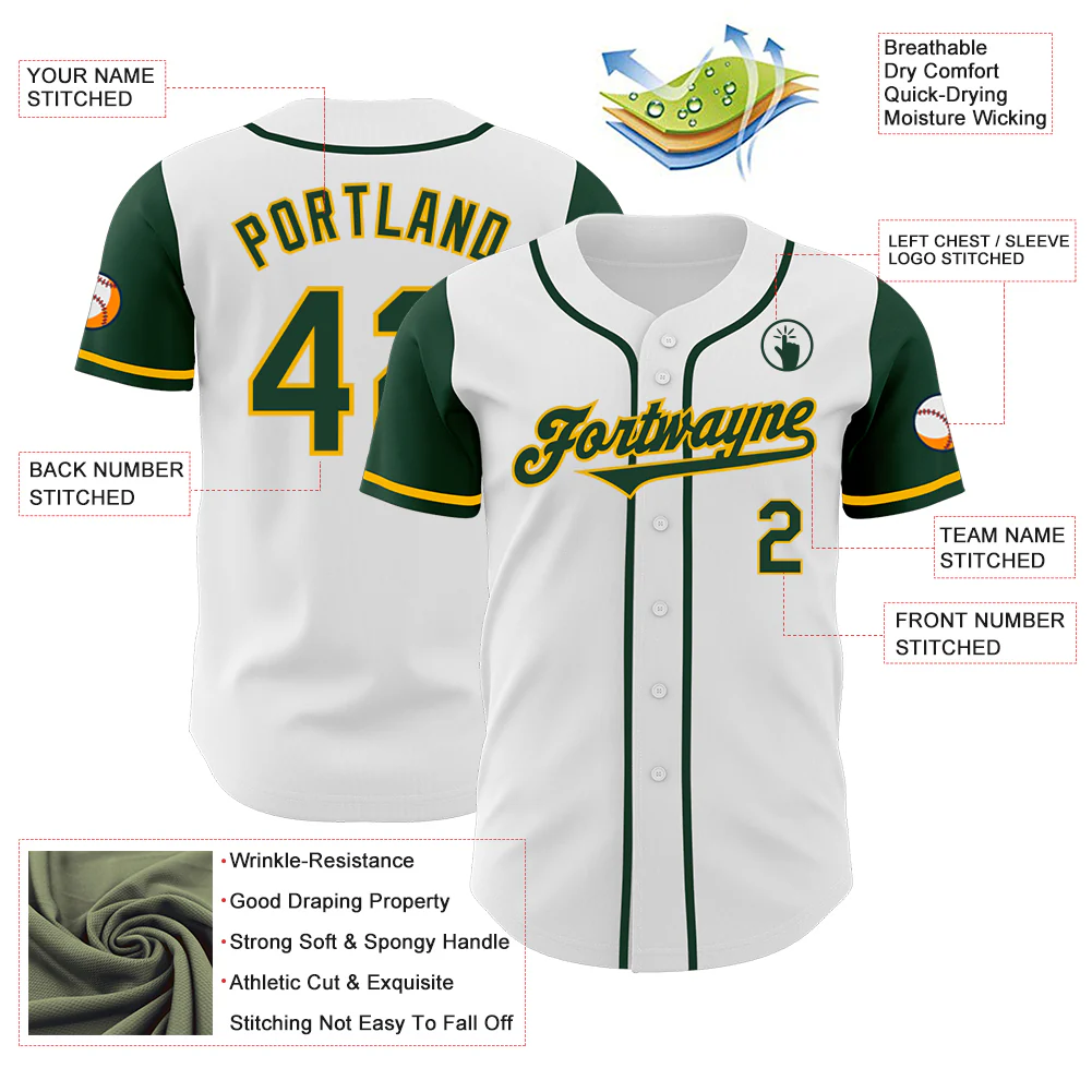 Custom White Green-Gold Authentic Two Tone Baseball Jersey - Image 3