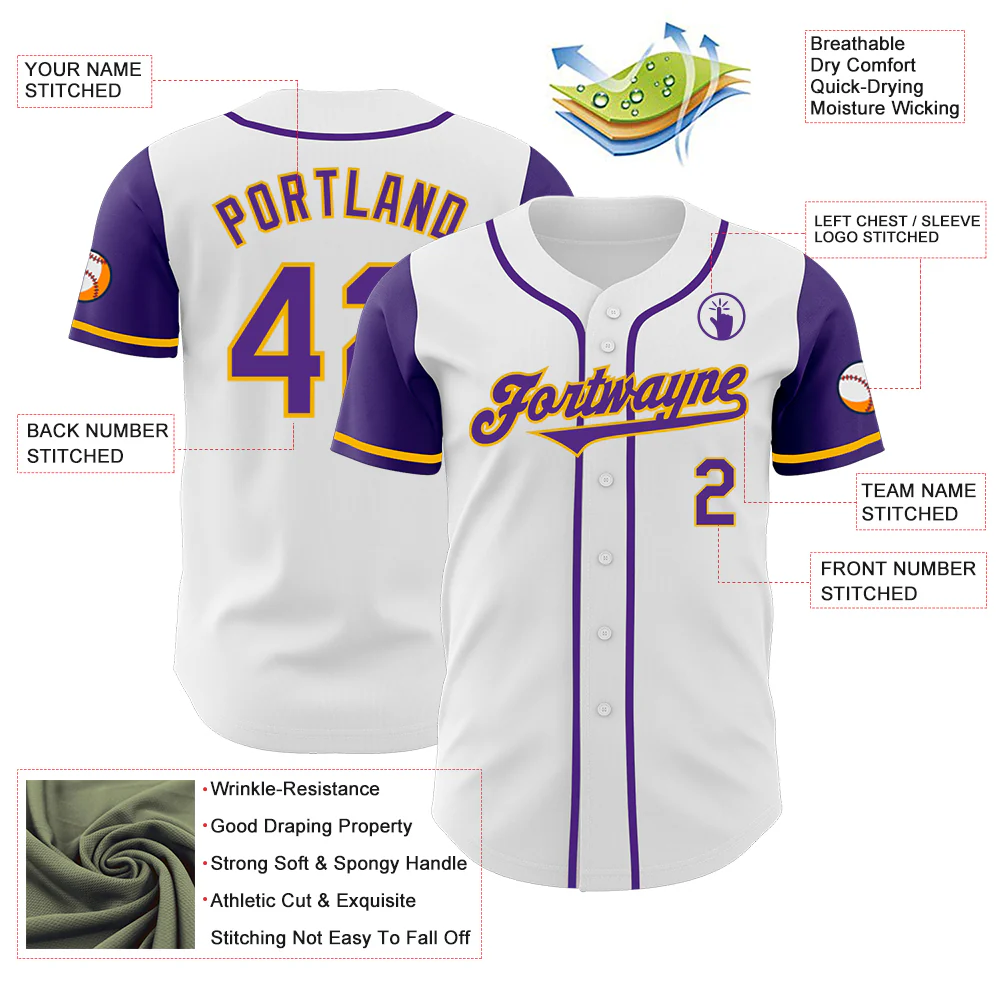 Custom White Purple-Gold Authentic Two Tone Baseball Jersey - Image 3