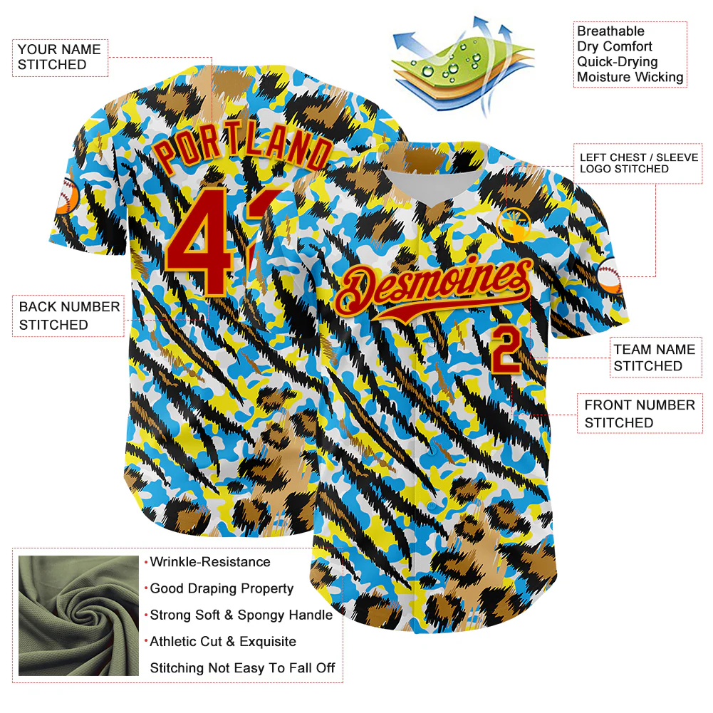 Custom White Red-Gold 3D Pattern Design Rave Party Animal Tiger And Leopard Print Authentic Baseball Jersey - Image 3
