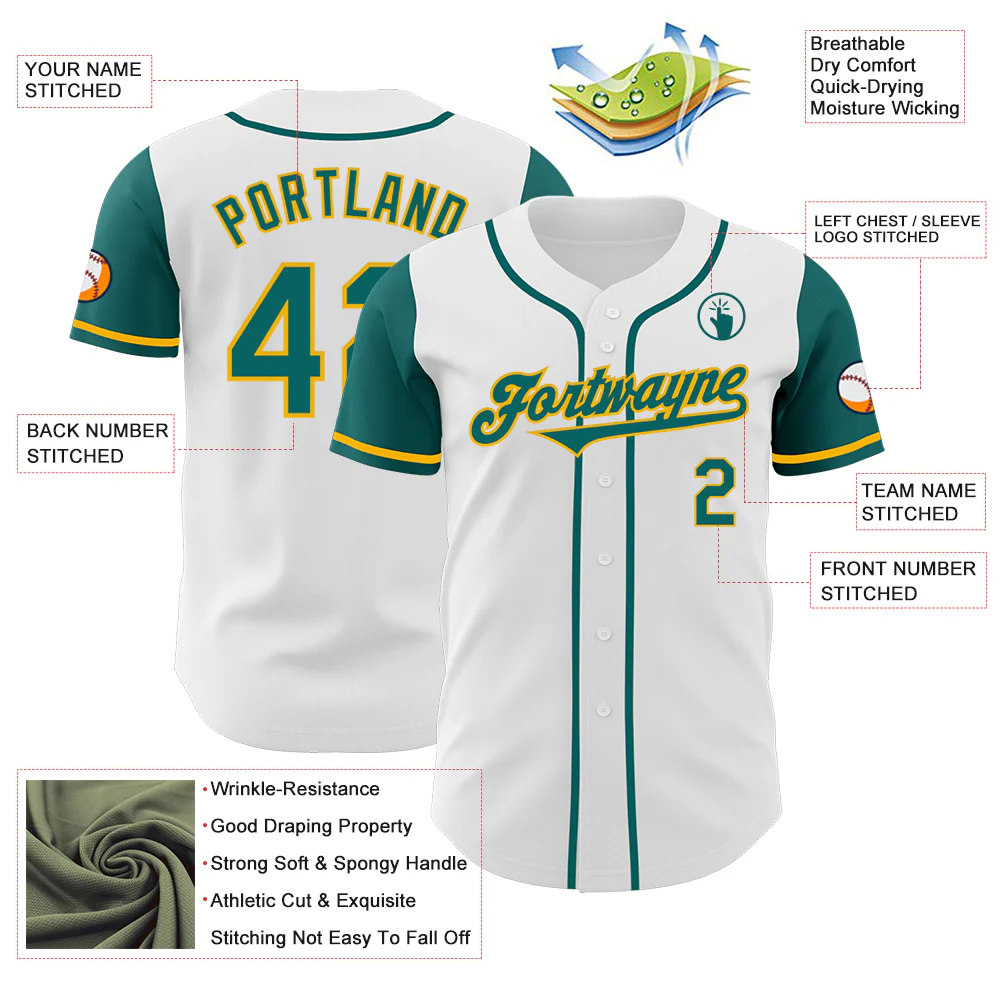 Custom White Teal-Gold Authentic Two Tone Baseball Jersey - Image 3