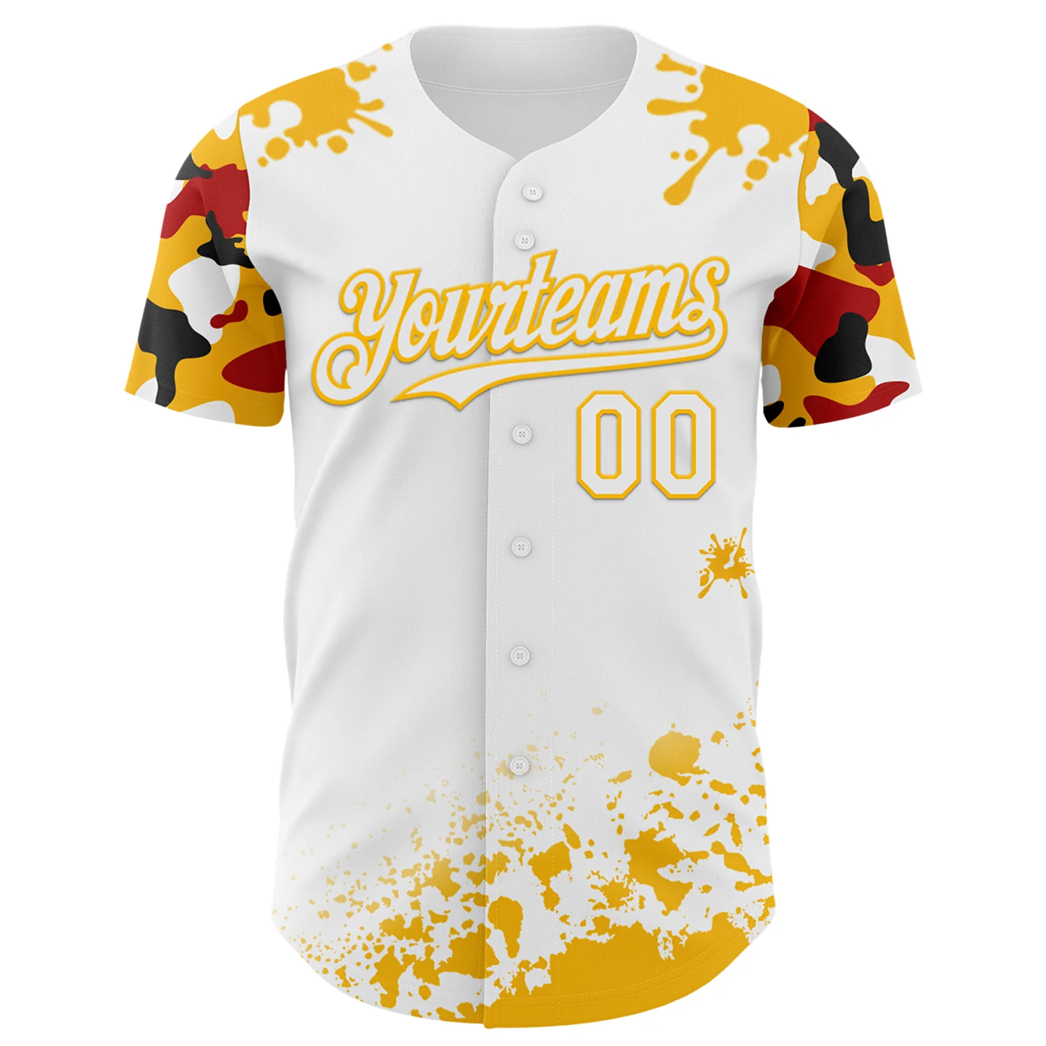 Custom White Gold Red-Black Splatter Camo Two Tone Authentic Baseball Jersey - Image 2