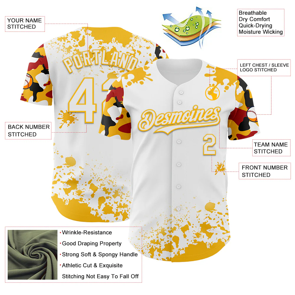 Custom White Gold Red-Black Splatter Camo Two Tone Authentic Baseball Jersey - Image 3