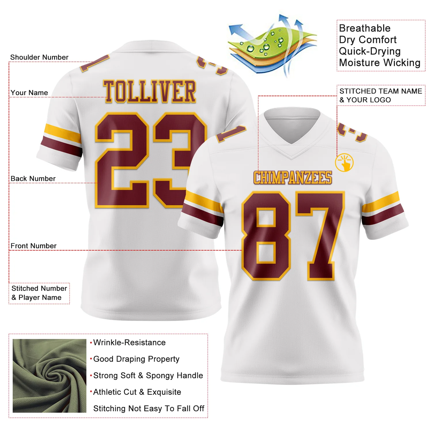 Custom White Burgundy-Gold Authentic Football Jersey - Image 3