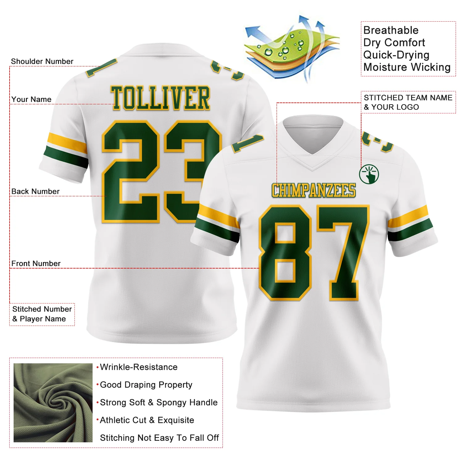 Custom White Green-Gold Authentic Football Jersey - Image 3