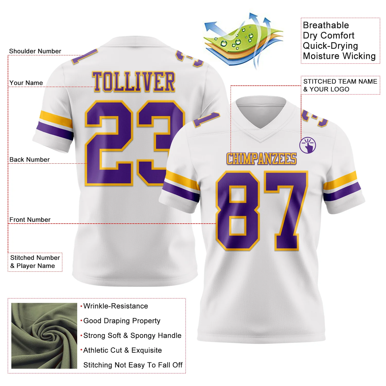 Custom White Purple-Gold Authentic Football Jersey - Image 3