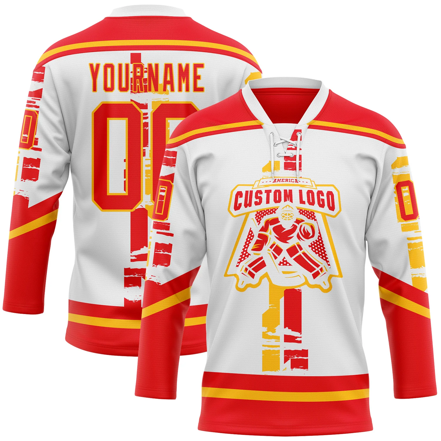 Custom White Fire Red-Gold Abstract Calgary Inspired Grunge Stripe Hockey Lace Neck Jersey - Image 2