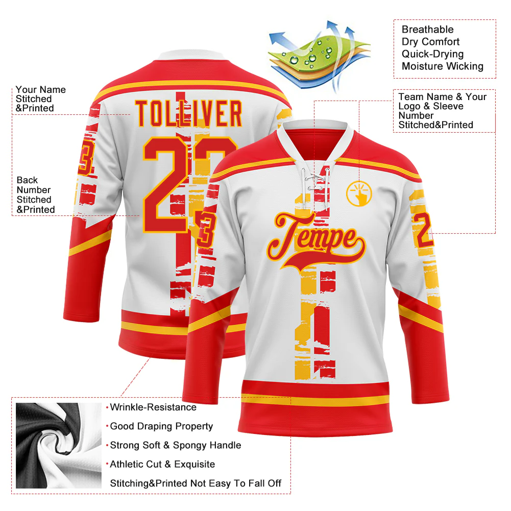 Custom White Fire Red-Gold Abstract Calgary Inspired Grunge Stripe Hockey Lace Neck Jersey - Image 5