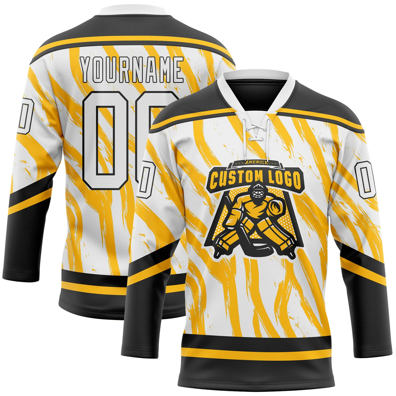 Custom White Gold-Black Abstract Boston Inspired Fluid Hockey Lace Neck Jersey - Image 2