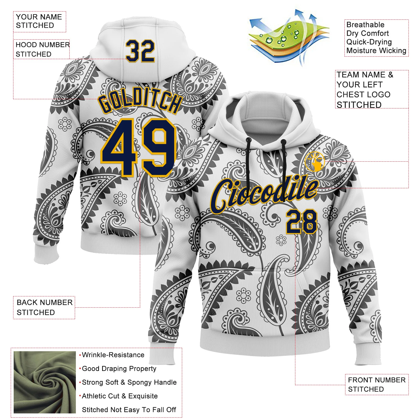 Custom Stitched White Navy-Gold 3D Pattern Design Ethnic Paisley Floral Bandana Sports Pullover Sweatshirt Hoodie - Image 2