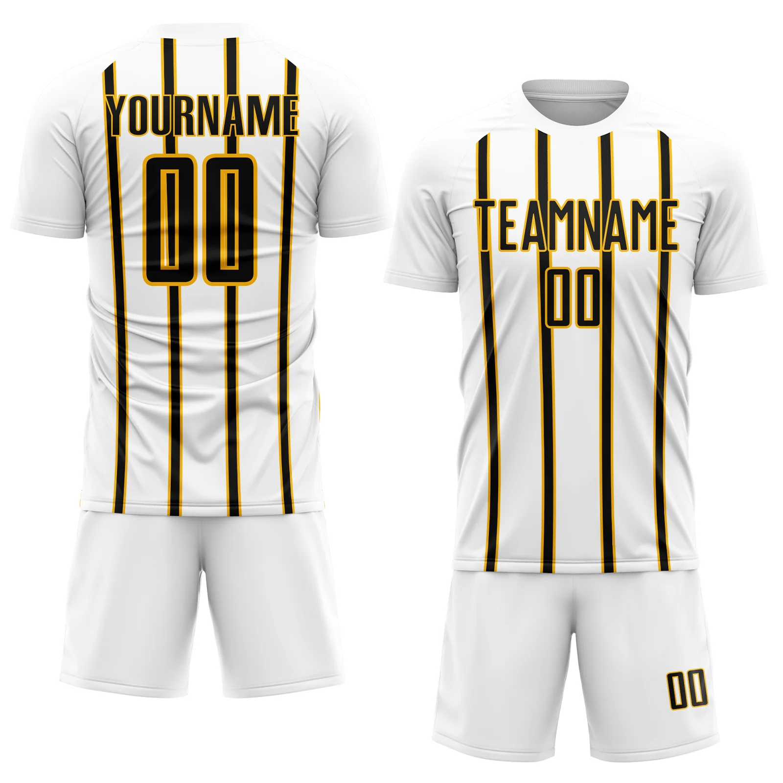 Custom White Black-Gold Stripe Line Sublimation Soccer Uniform Jersey - Image 2