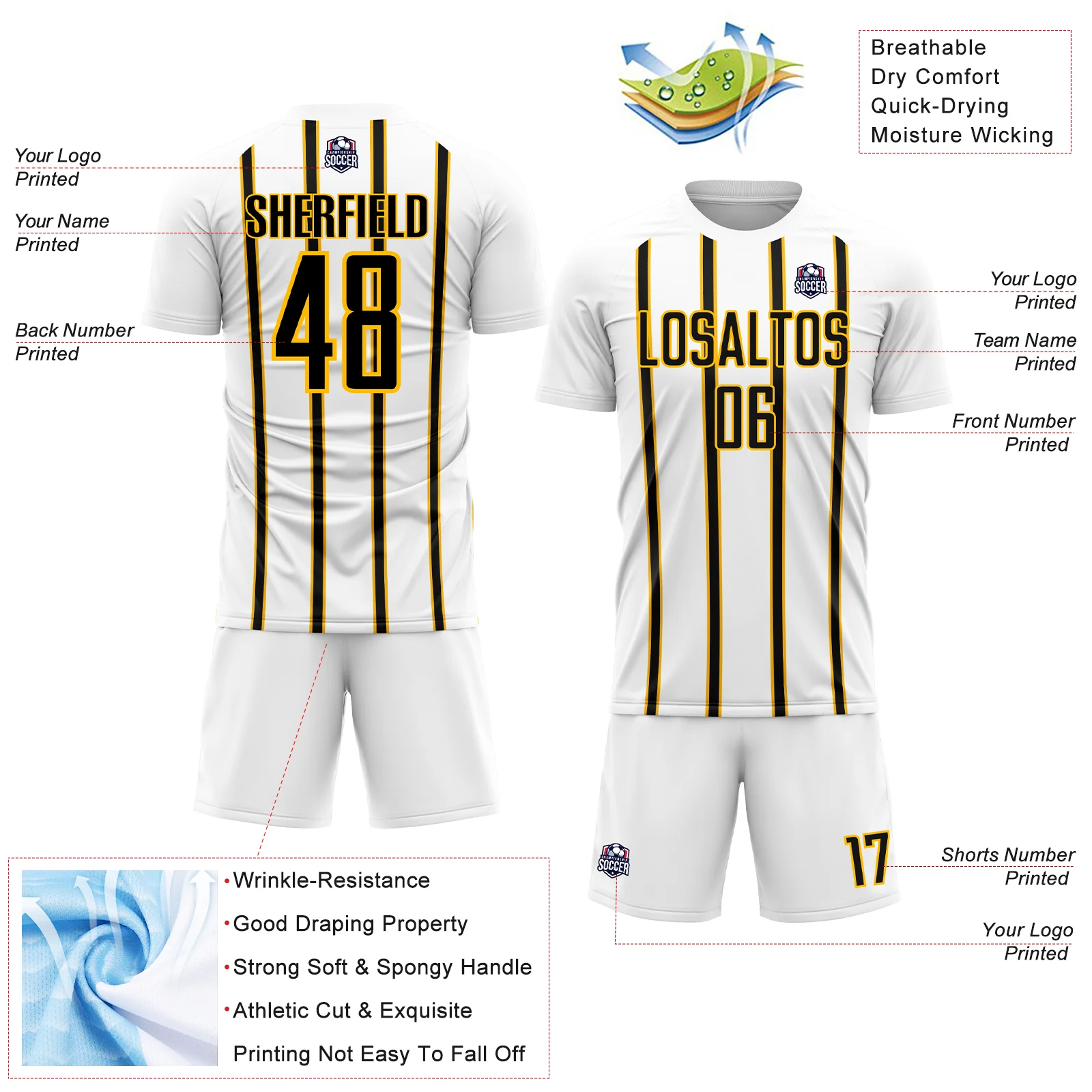 Custom White Black-Gold Stripe Line Sublimation Soccer Uniform Jersey - Image 4