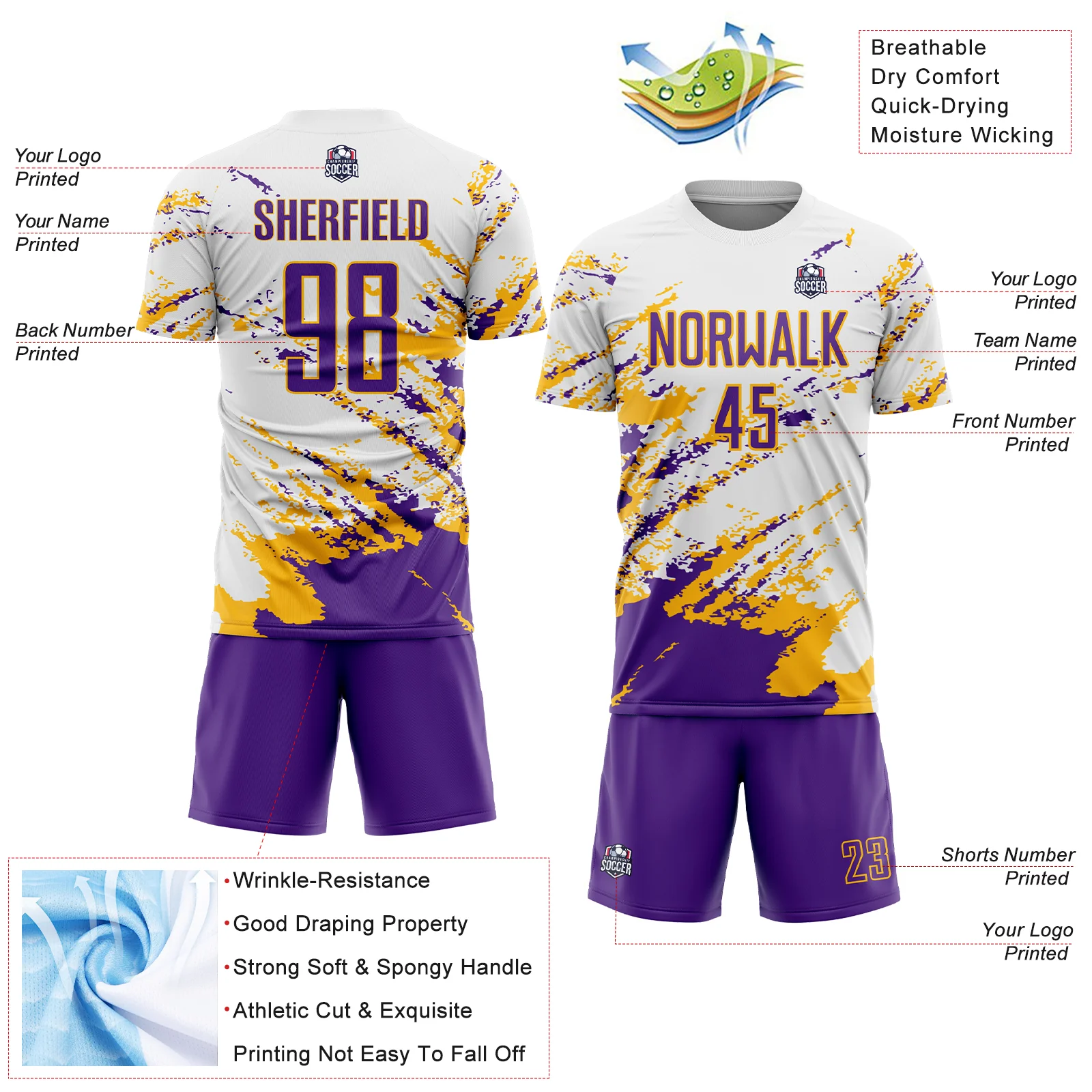 Custom White Purple-Gold Abstract Fragment Art Splash Sublimation Soccer Uniform Jersey - Image 4