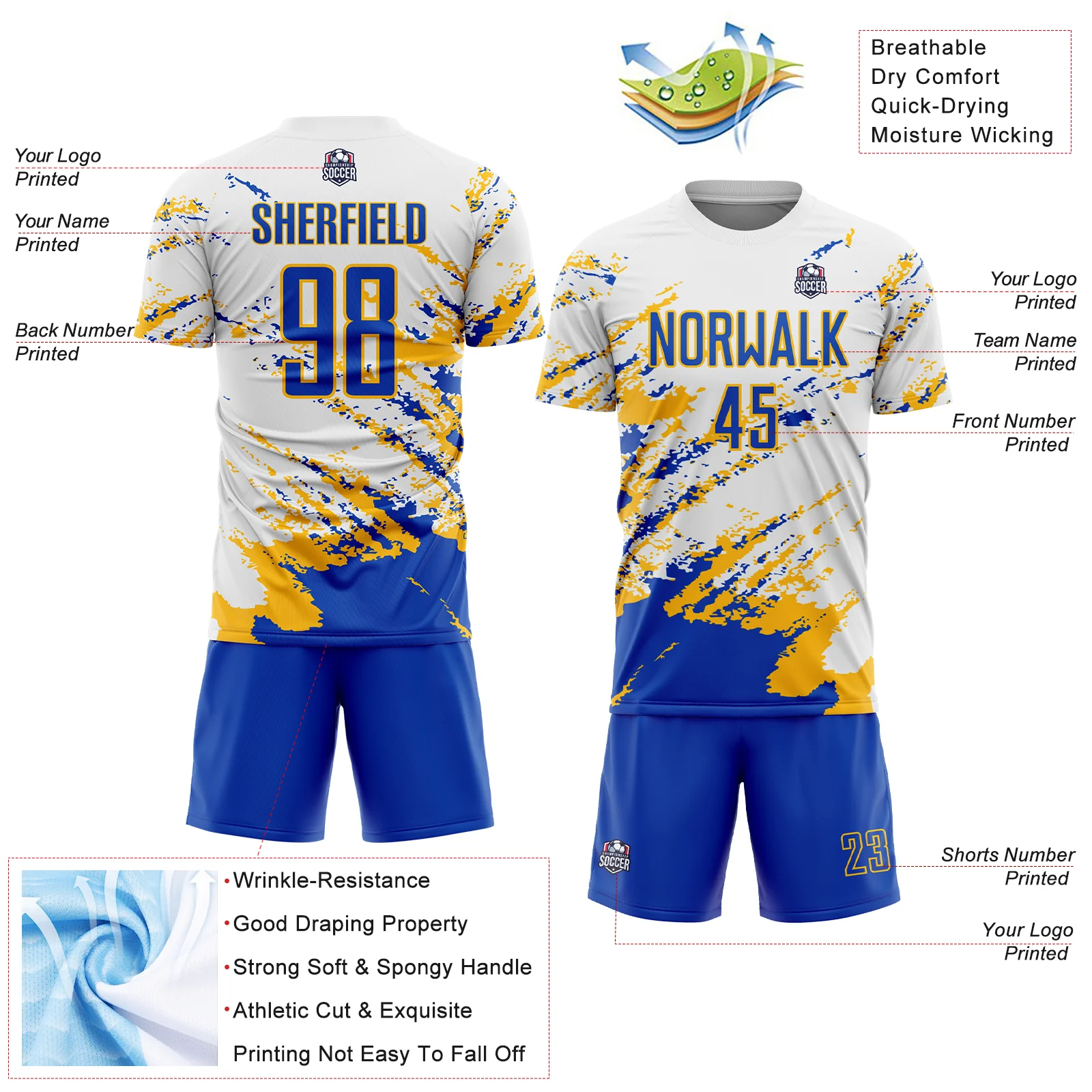 Custom White Thunder Blue-Gold Abstract Fragment Art Splash Sublimation Soccer Uniform Jersey - Image 4