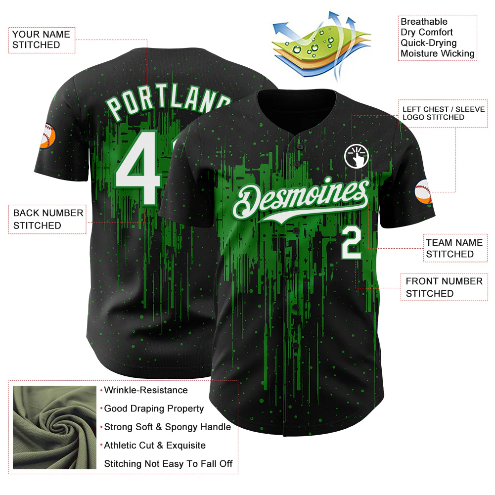 Custom Black White-Grass Green Dripping Splatter Paint Authentic Baseball Jersey - Image 3