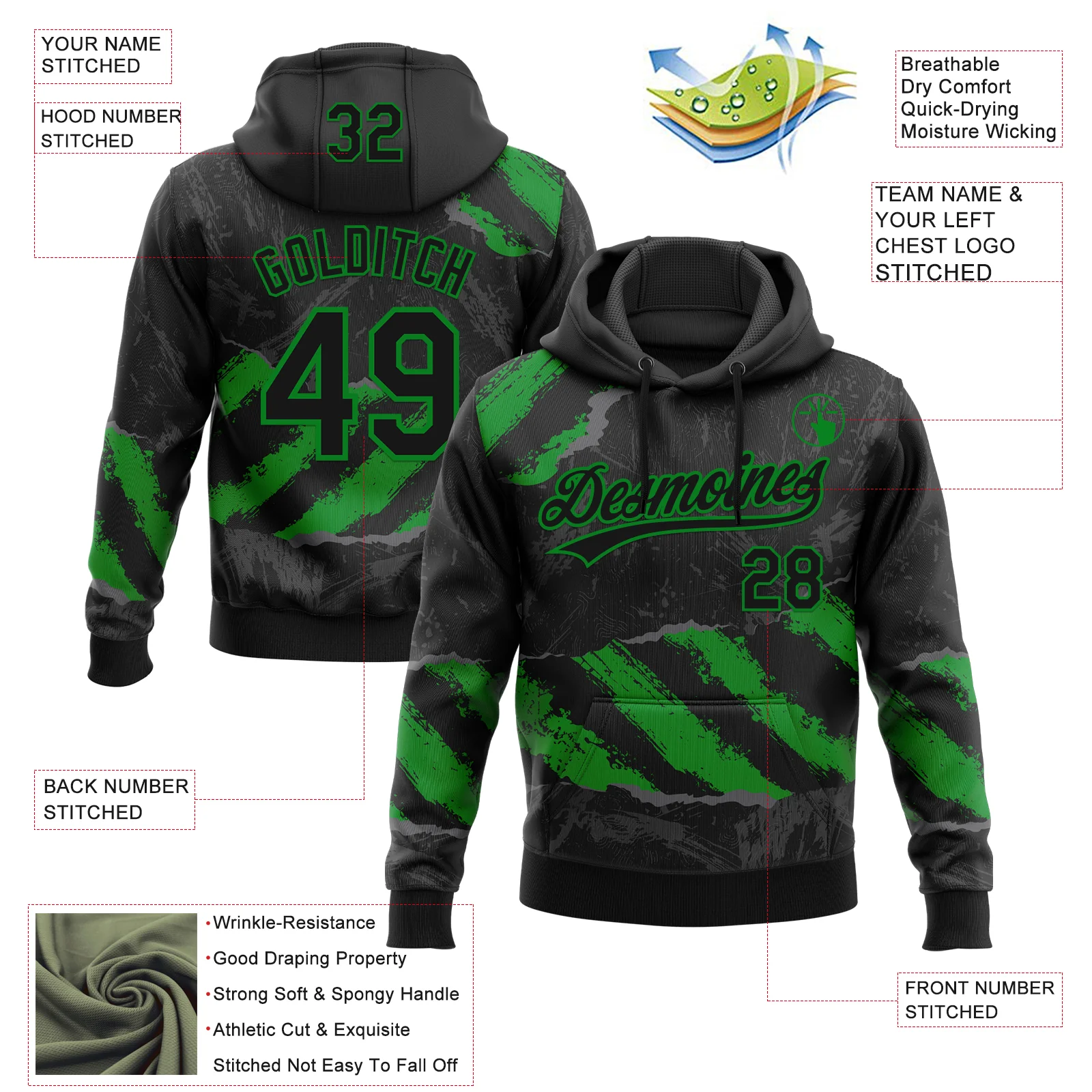 Custom Stitched Black Grass Green-Steel Gray 3D Pattern Design Splash Sports Pullover Sweatshirt Hoodie - Image 2