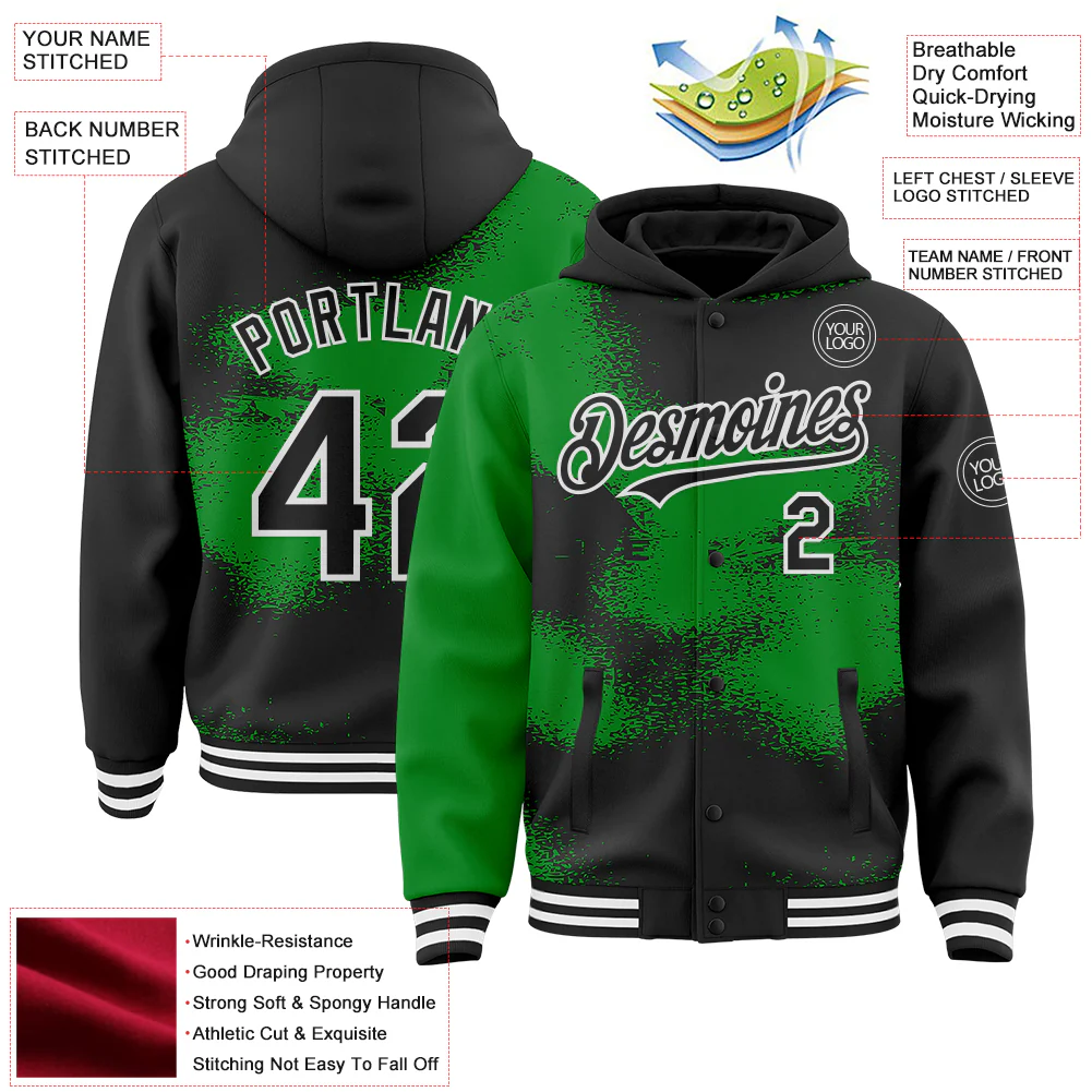 Custom Black Grass Green-White Abstract Color Blocks Fragment Pattern Bomber Full-Snap Varsity Letterman Hoodie Jacket - Image 4