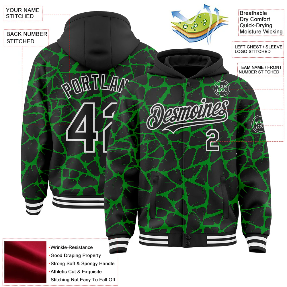 Custom Black Grass Green-White Abstract Network Bomber Full-Snap Varsity Letterman Hoodie Jacket - Image 4