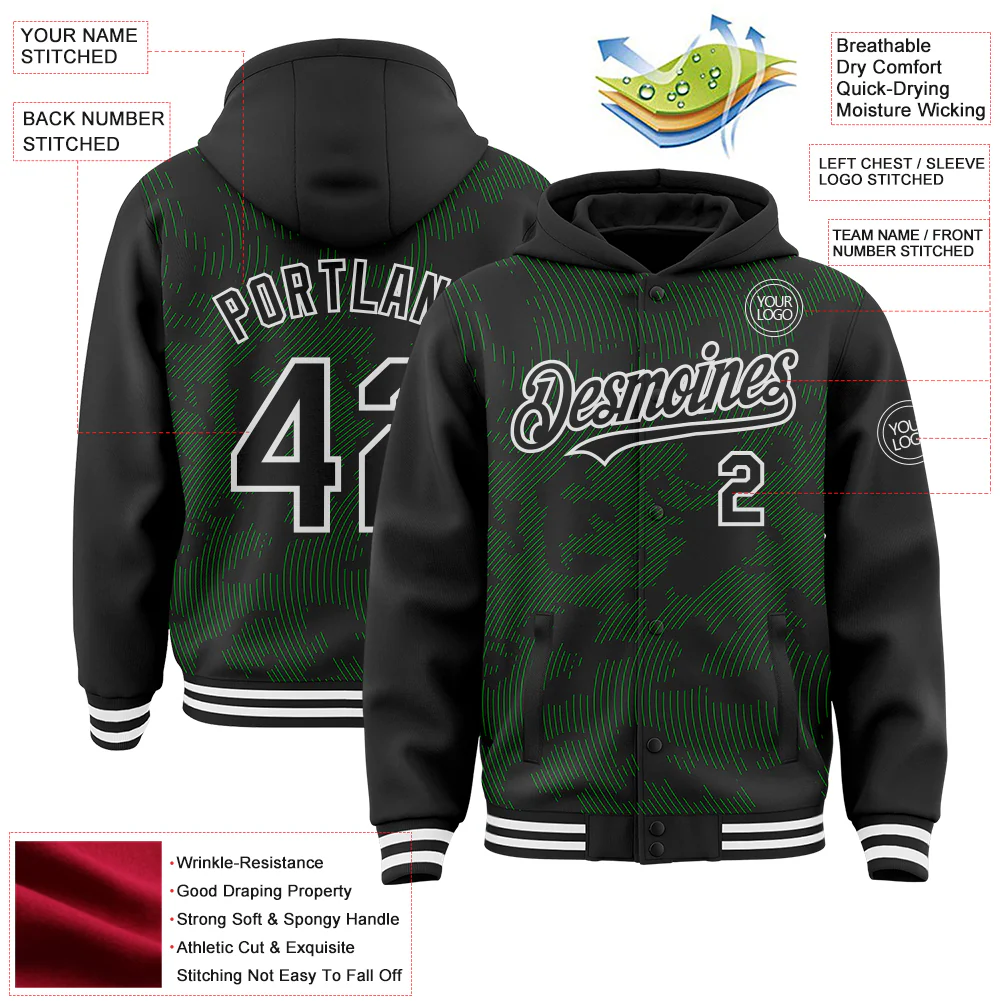 Custom Black Grass Green-White Curve Lines Bomber Full-Snap Varsity Letterman Hoodie Jacket - Image 4