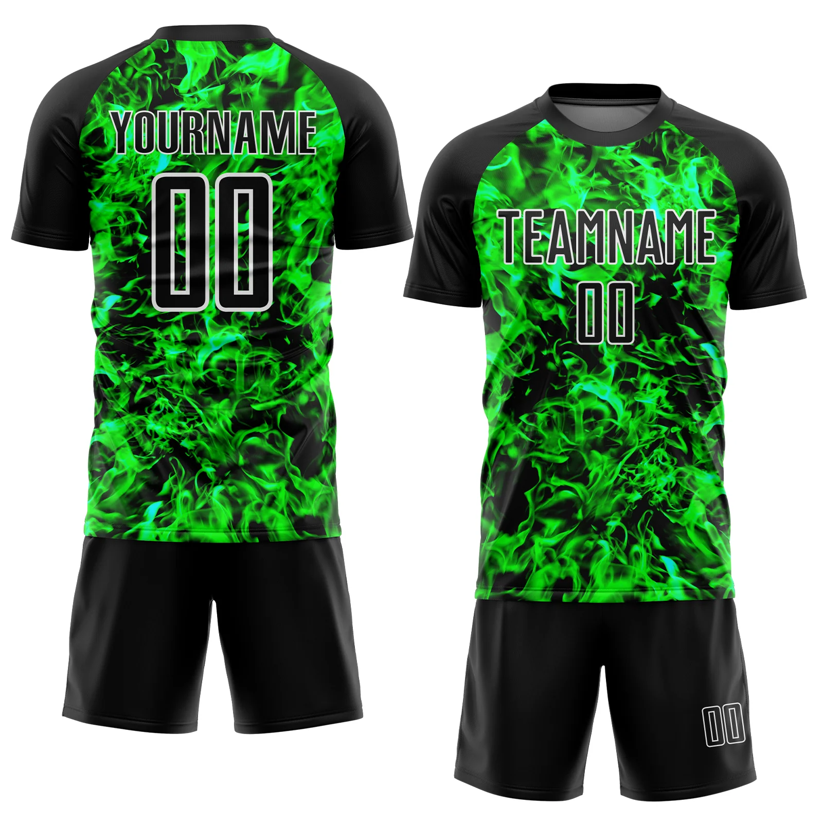 Custom Black Grass Green-White Flame Sublimation Soccer Uniform Jersey - Image 2