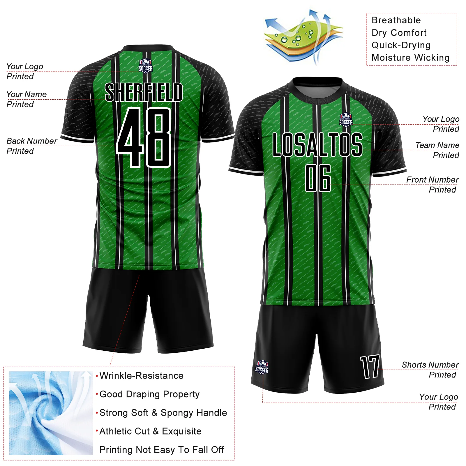 Custom Black Grass Green-White Line Sublimation Soccer Uniform Jersey - Image 4