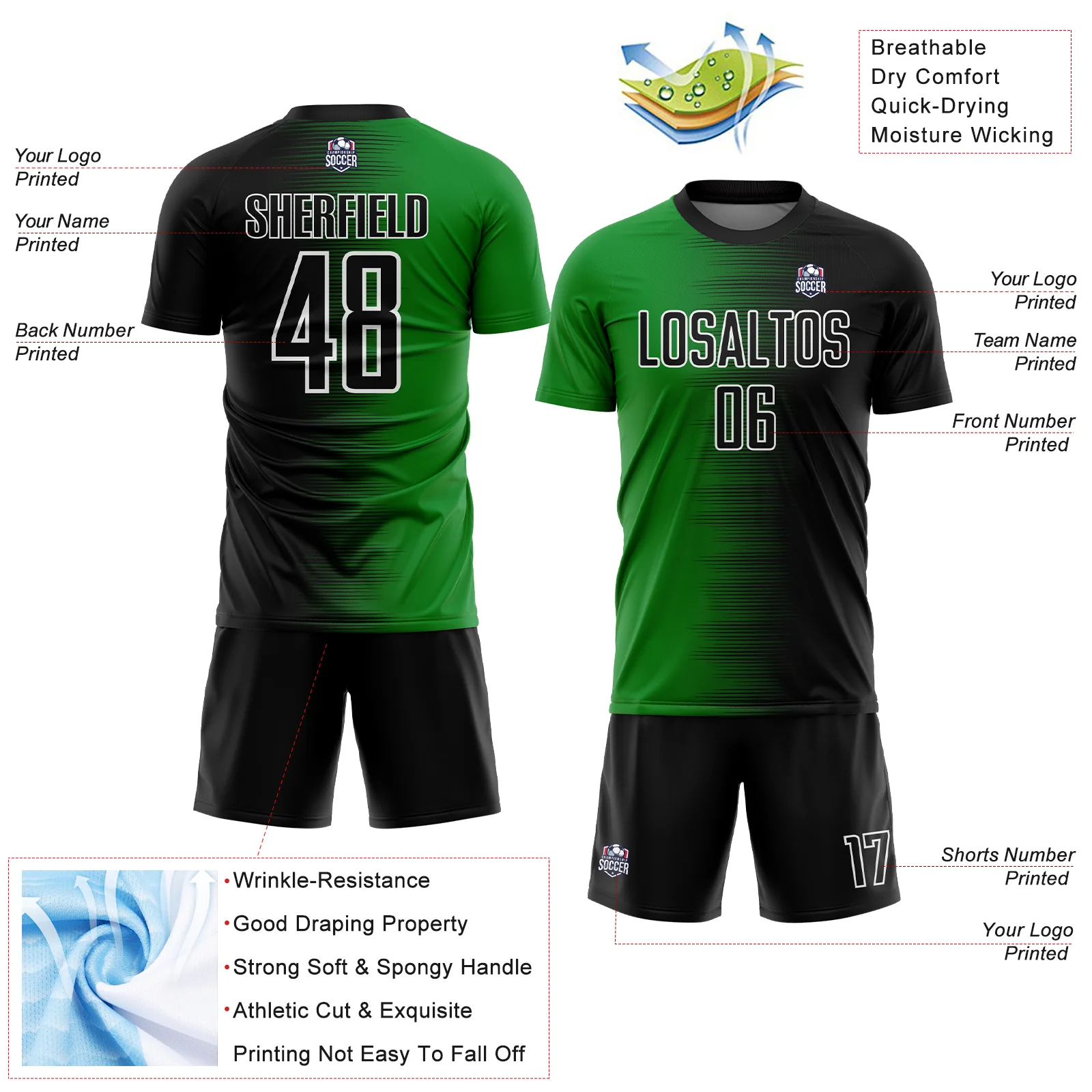 Custom Black Grass Green-White Gradient Line Sublimation Soccer Uniform Jersey - Image 4