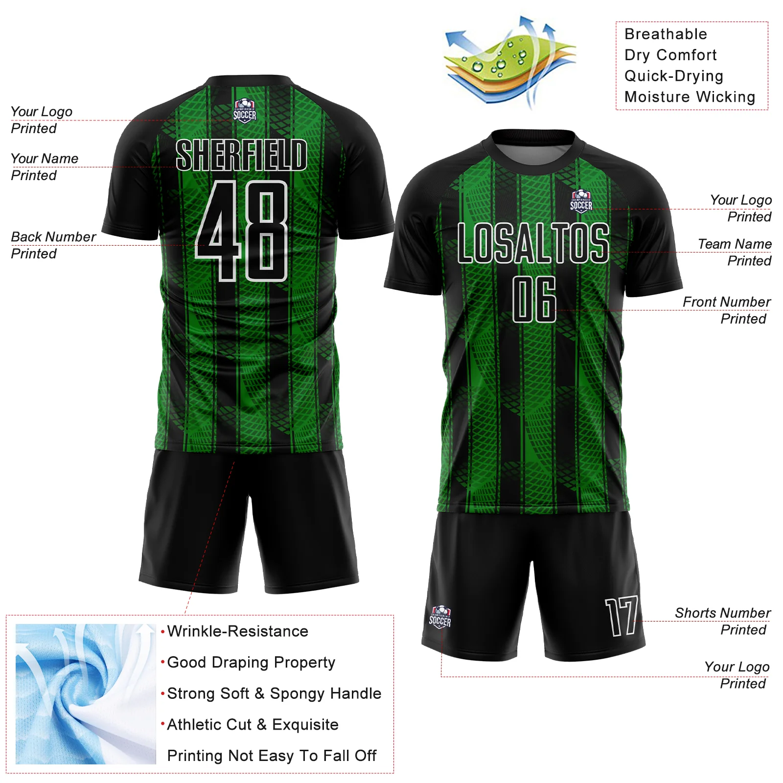 Custom Black Grass Green-White Abstract Network Sublimation Soccer Uniform Jersey - Image 4