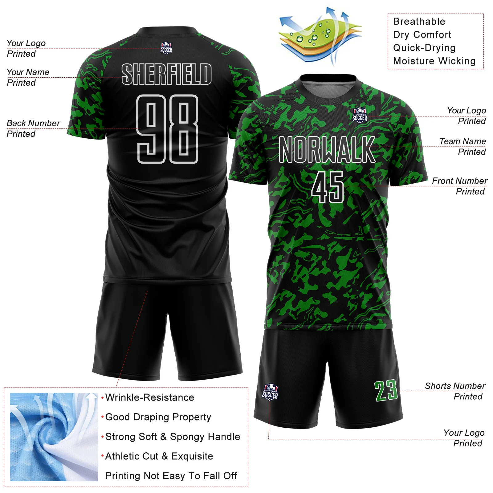 Custom Black Grass Green-White Liquid Fluid Pattern Sports Sublimation Soccer Uniform Jersey - Image 4
