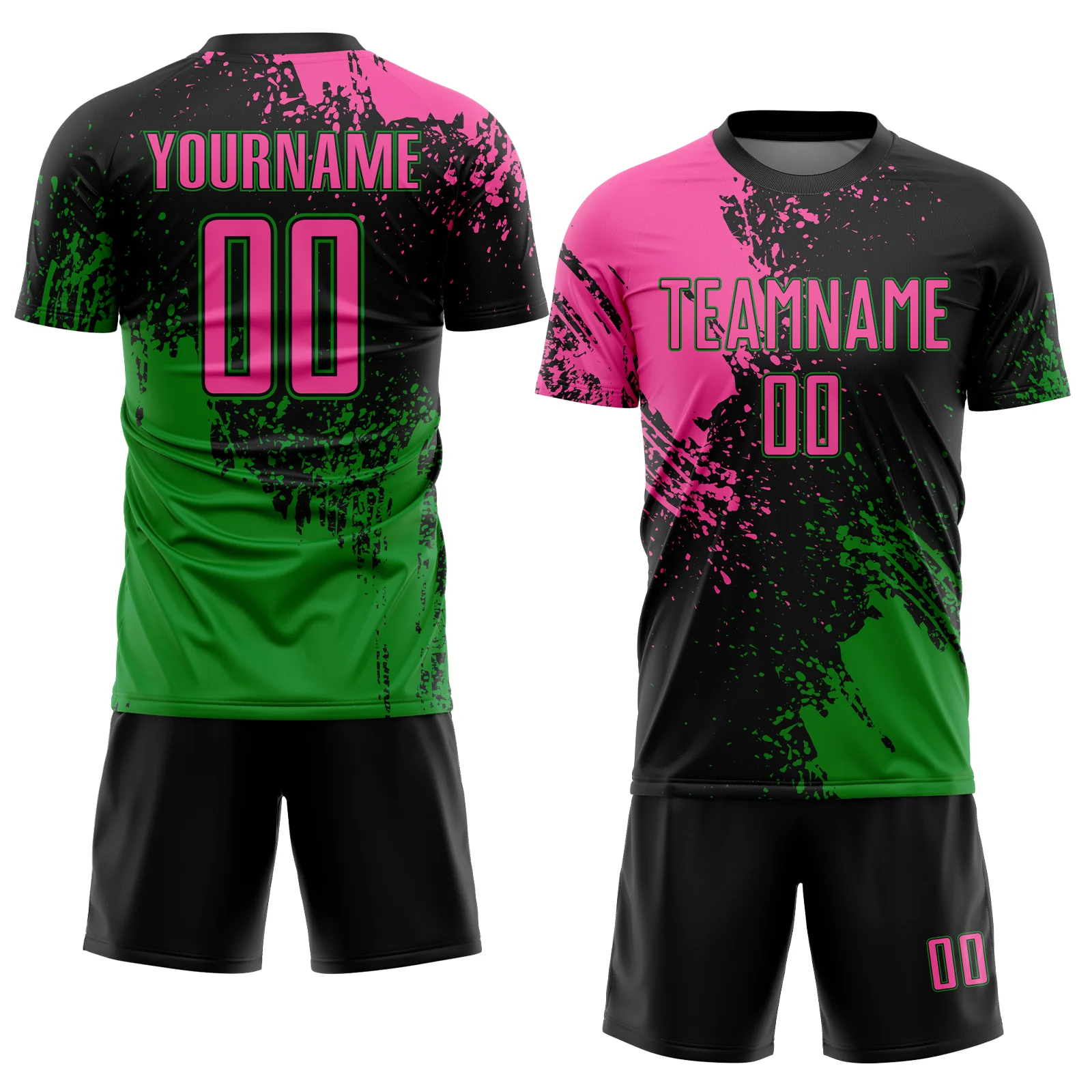 Custom Black Pink-Grass Green Abstract Brush Stroke Sports Sublimation Soccer Uniform Jersey - Image 2