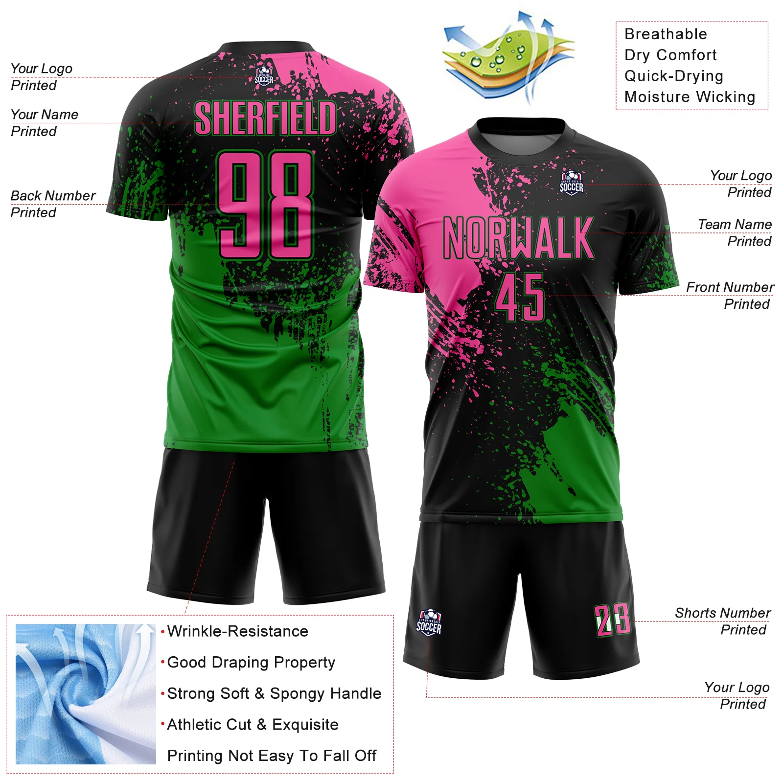 Custom Black Pink-Grass Green Abstract Brush Stroke Sports Sublimation Soccer Uniform Jersey - Image 4