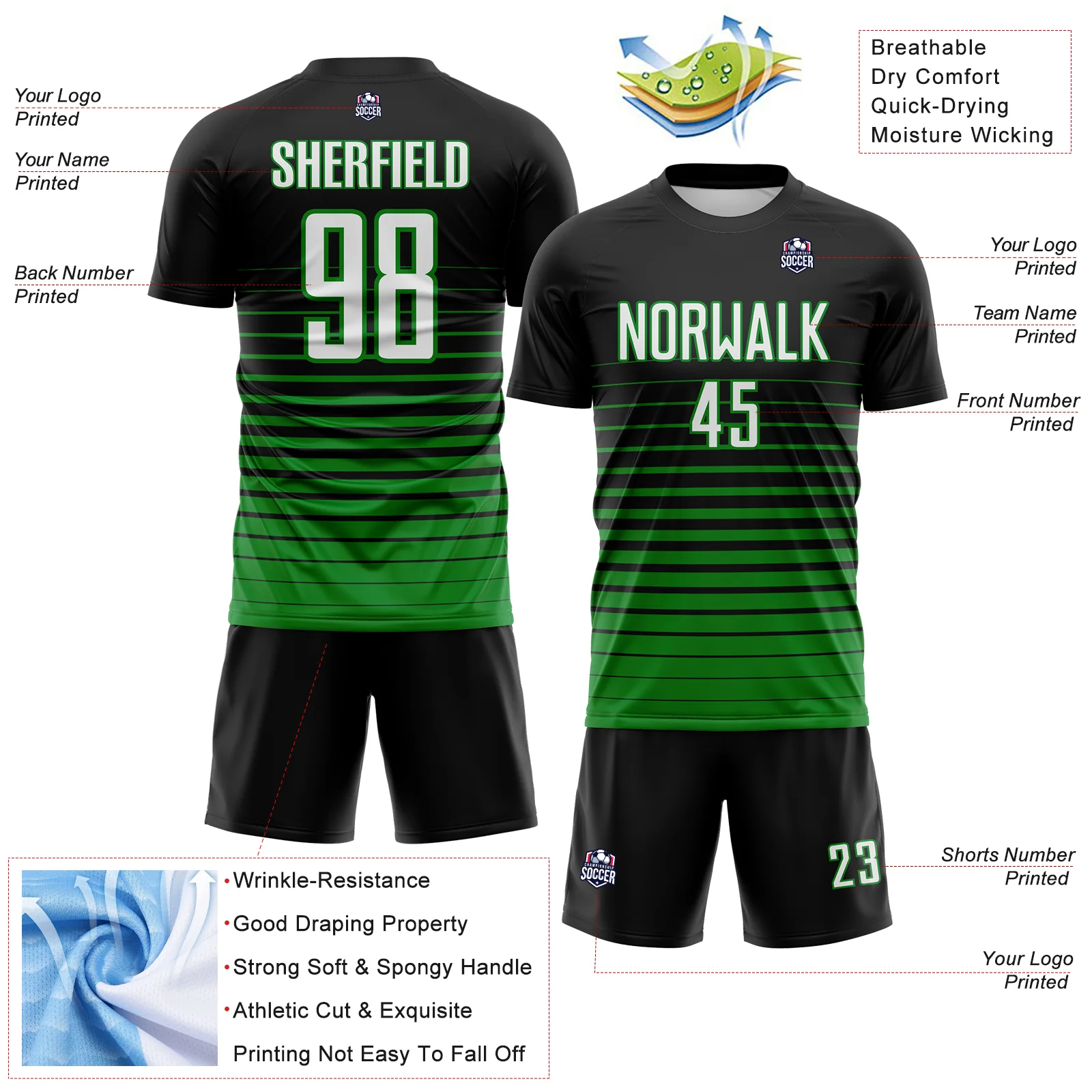 Custom Black White-Grass Green Gradient Pinstripe Sublimation Soccer Uniform Jersey - Image 4