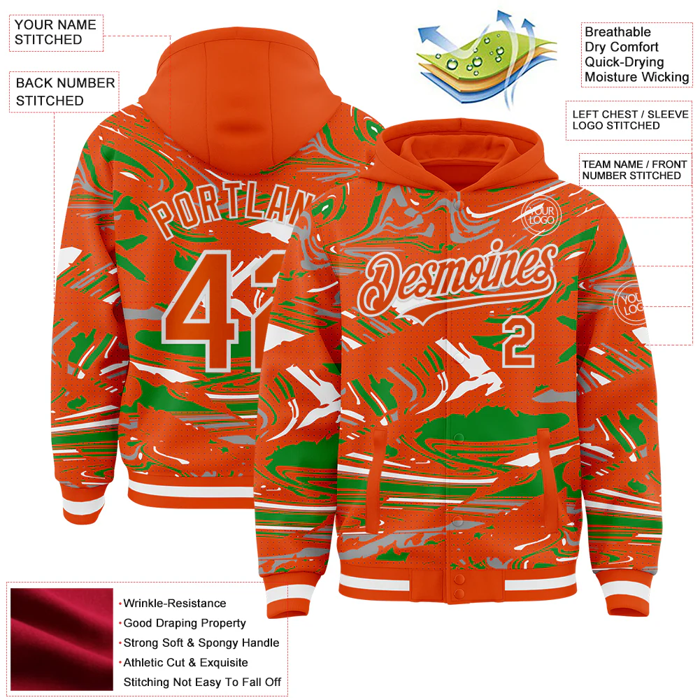 Custom Figure Orange Grass Green-White Fluid Pattern Bomber Full-Snap Varsity Letterman Hoodie Jacket - Image 4