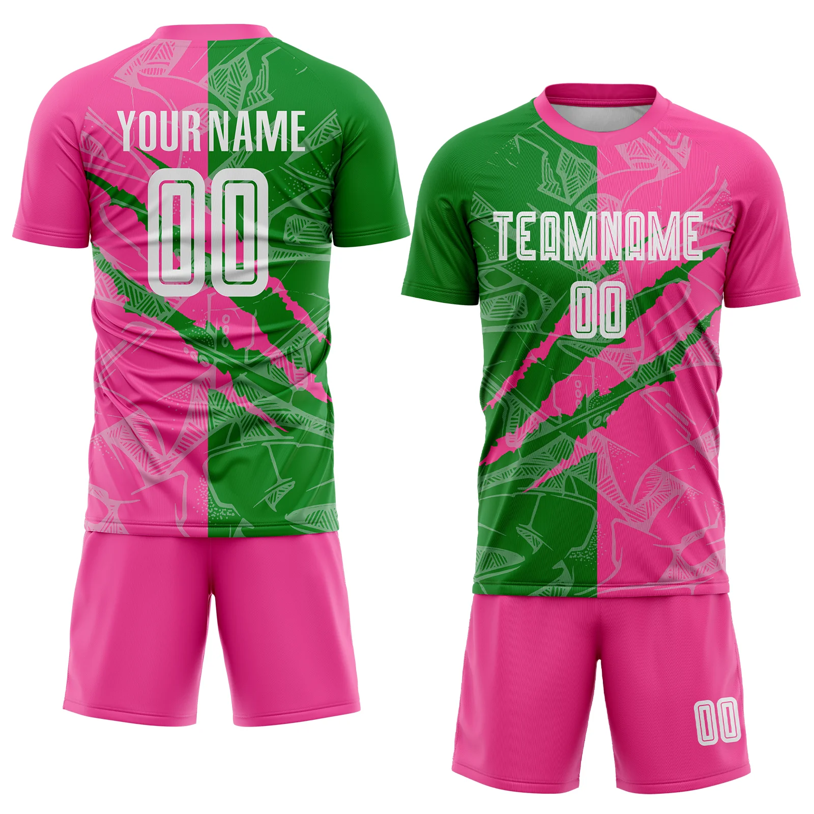Custom Graffiti Pattern Grass Green-Pink Scratch Sublimation Soccer Uniform Jersey - Image 2
