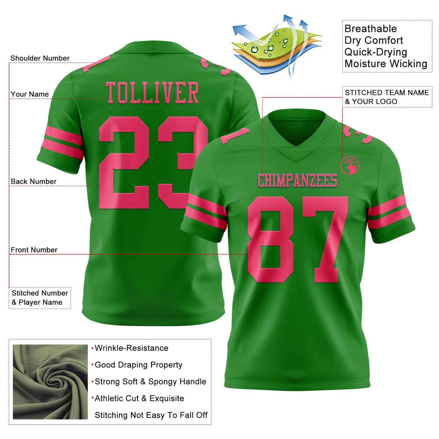 Custom Grass Green Neon Pink Authentic Football Jersey - Image 3
