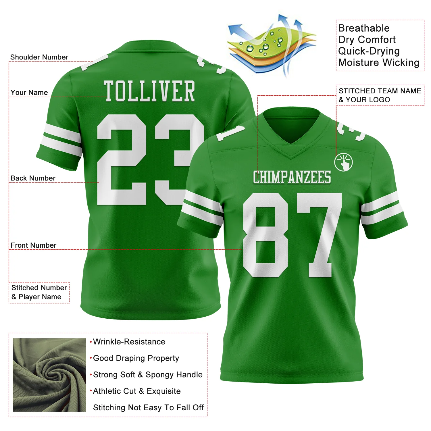 Custom Grass Green White Authentic Football Jersey - Image 3