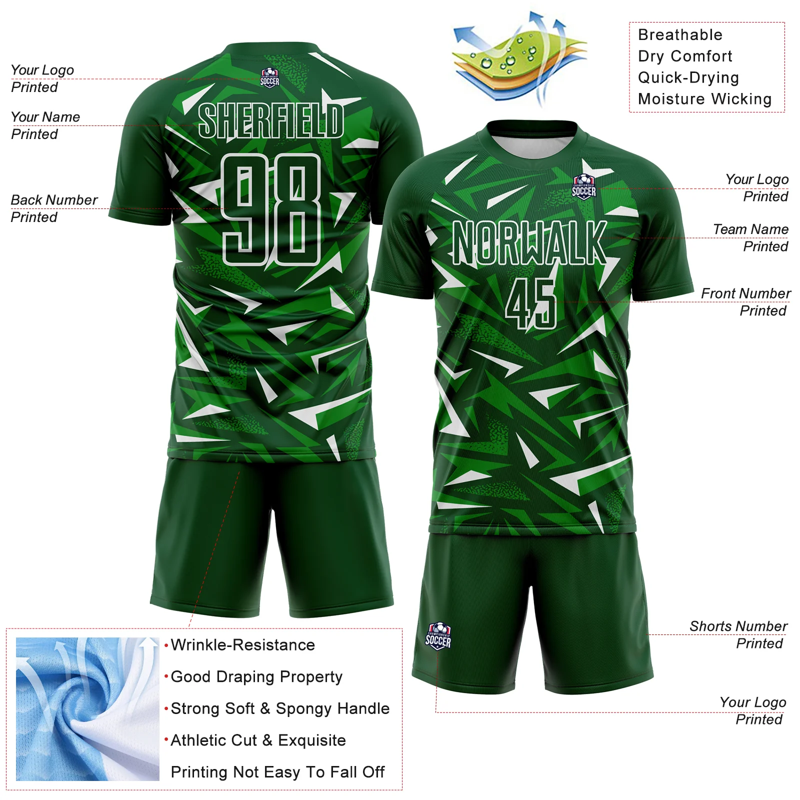 Custom Green Grass Green-White Cyber Mecha E-sport Geometric Shards Spike Sublimation Soccer Uniform Jersey - Image 4