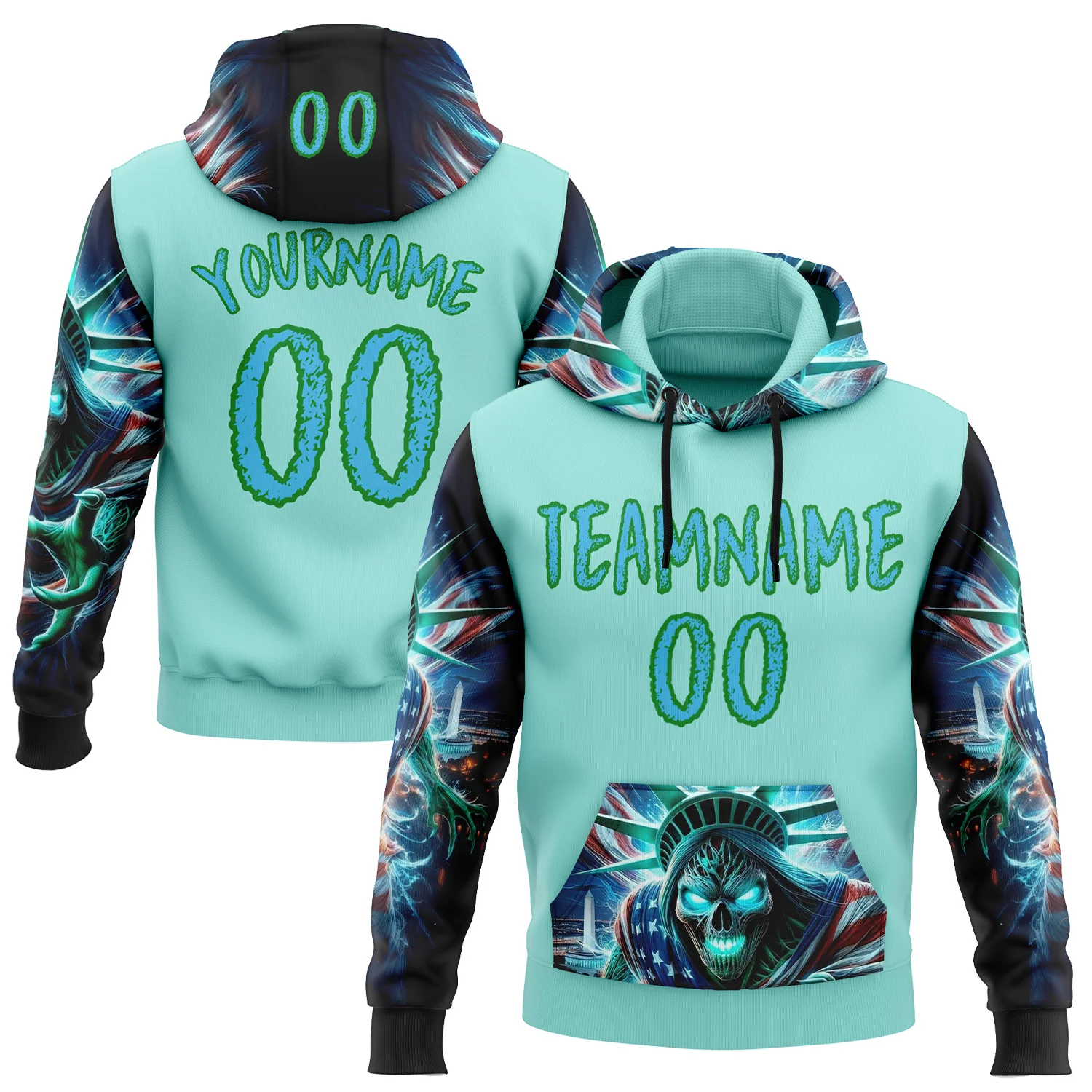 Custom Ice Blue Sky Blue-Grass Green 3D Skull Statue Of Liberty Sports Pullover Sweatshirt Hoodie