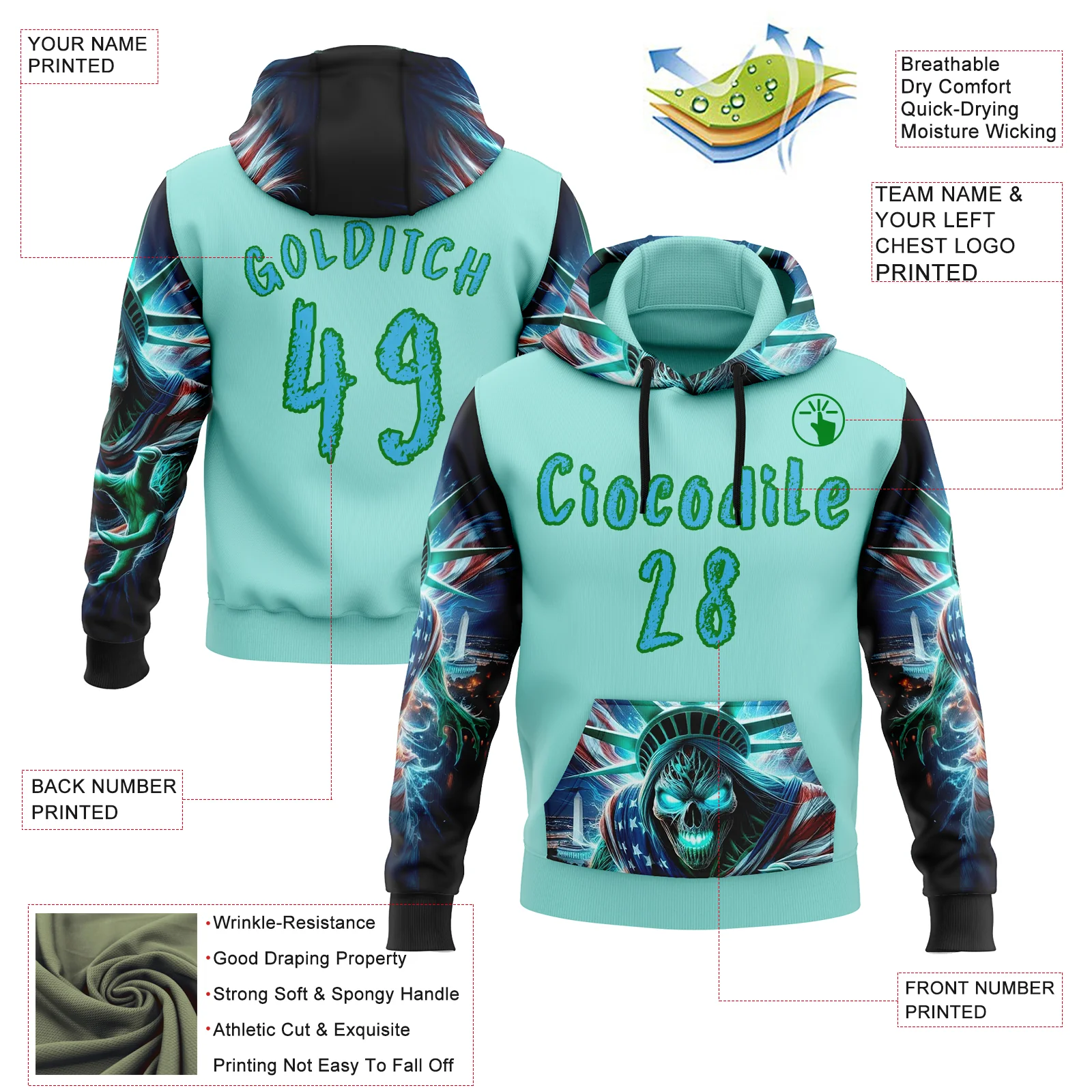 Custom Ice Blue Sky Blue-Grass Green 3D Skull Statue Of Liberty Sports Pullover Sweatshirt Hoodie - Image 2