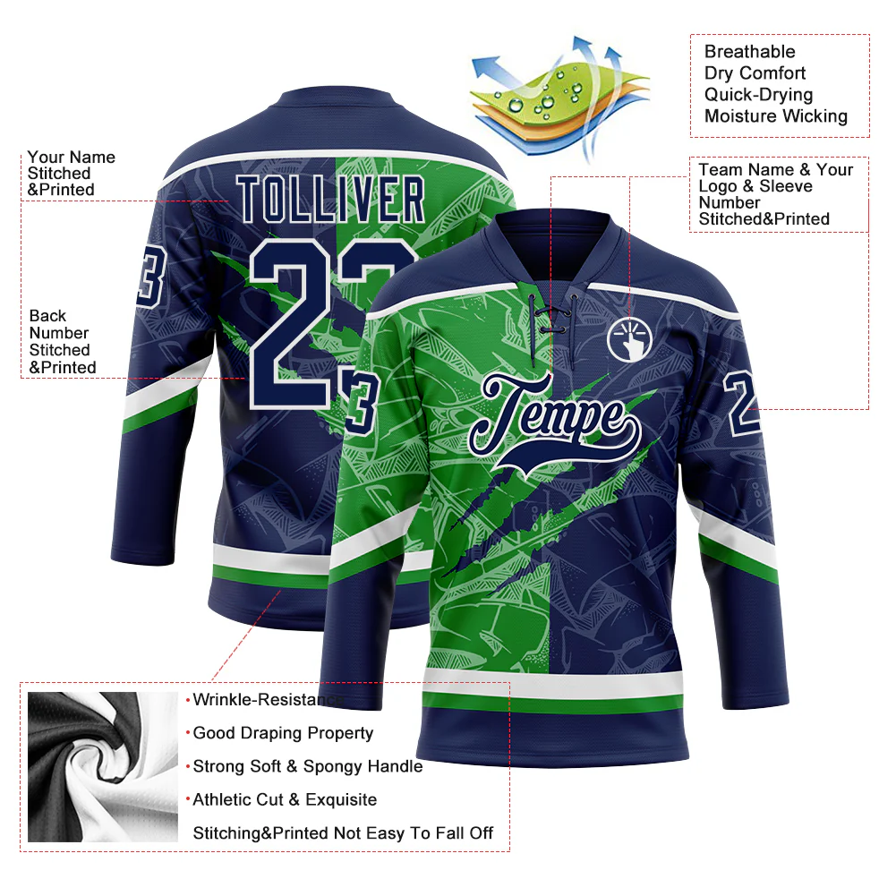 Custom Navy Grass Green-White 3D Pattern Gradient Fashion Scratch Hockey Lace Neck Jersey - Image 3