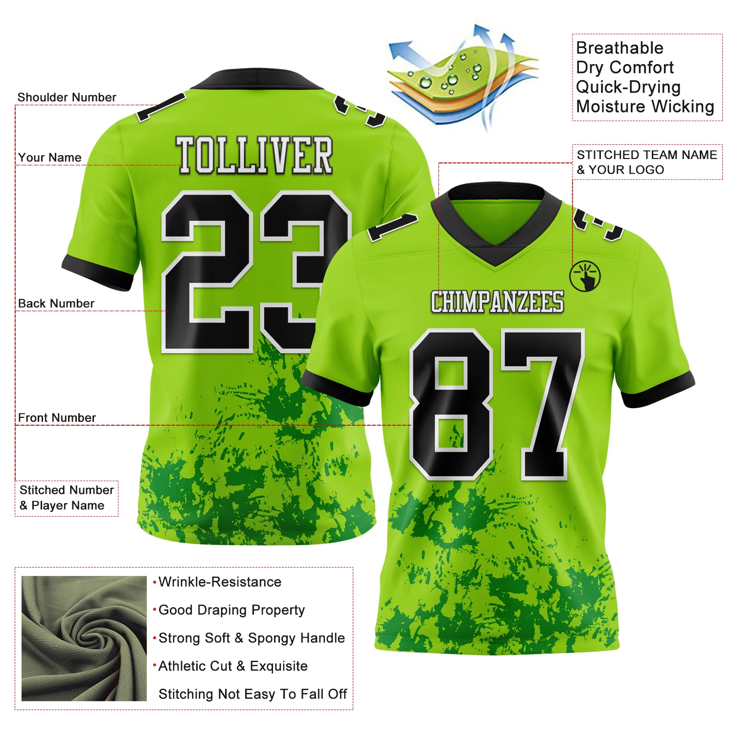 Custom Neon Green Black Grass Green-White 3D Pattern Splash Authentic Football Jersey - Image 3