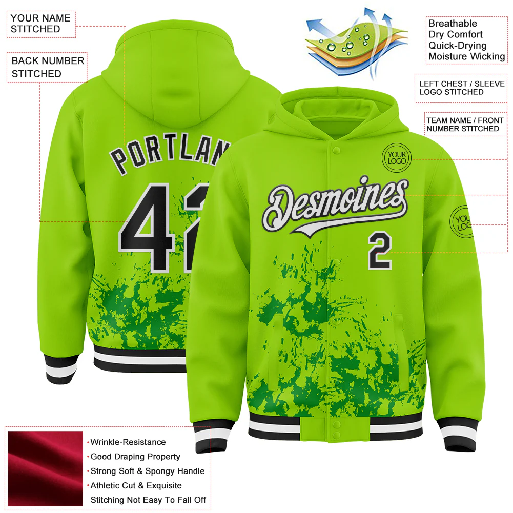 Custom Neon Green Black Grass Green-White Splash Art 3D Pattern Design Bomber Full-Snap Varsity Letterman Hoodie Jacket - Image 4