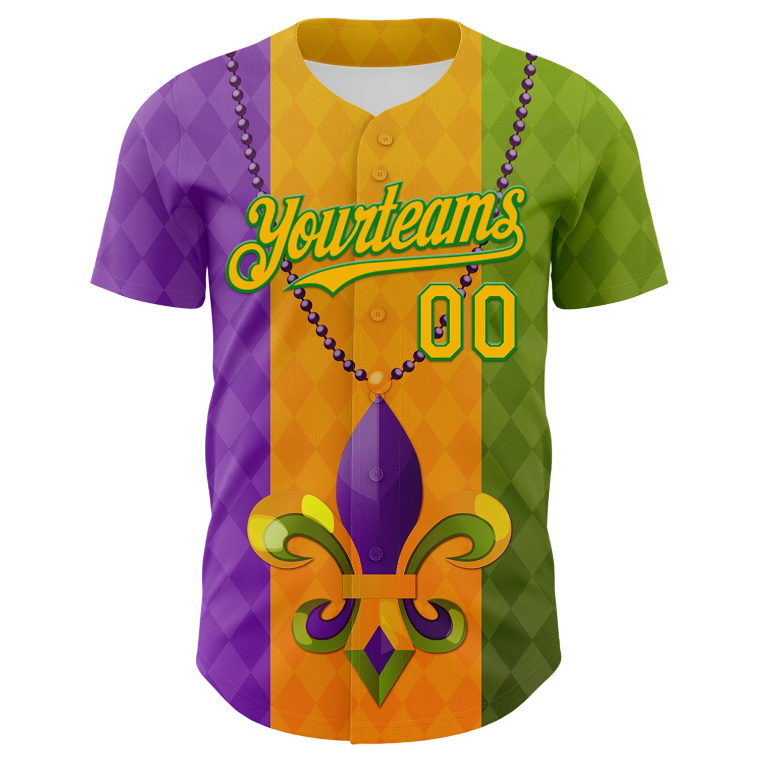 Custom Purple Gold-Grass Green 3D Pattern Design Mardi Gras Shrove Tuesday Authentic Baseball Jersey - Image 2
