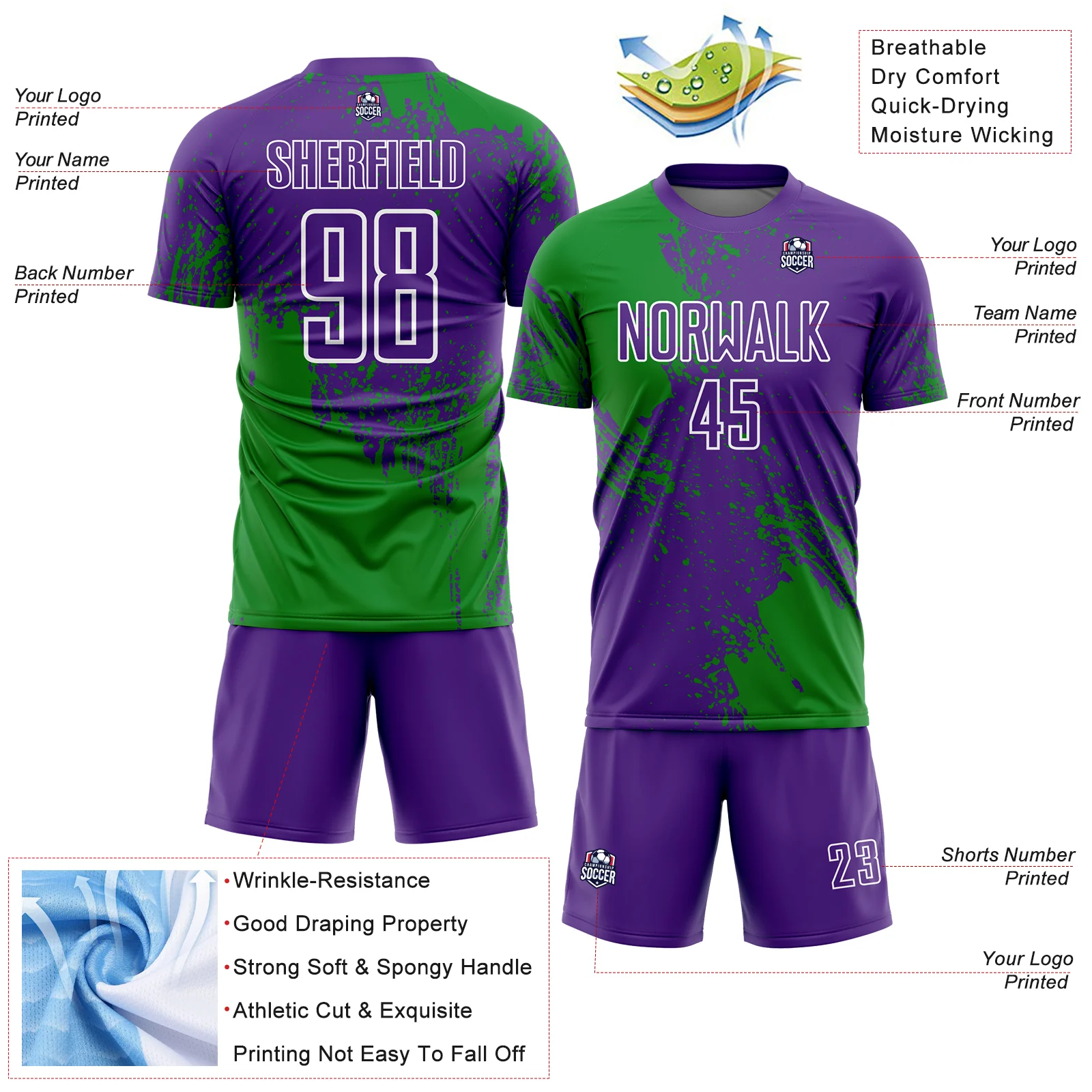 Custom Purple Grass Green-White Abstract Brush Stroke Sports Sublimation Soccer Uniform Jersey - Image 4